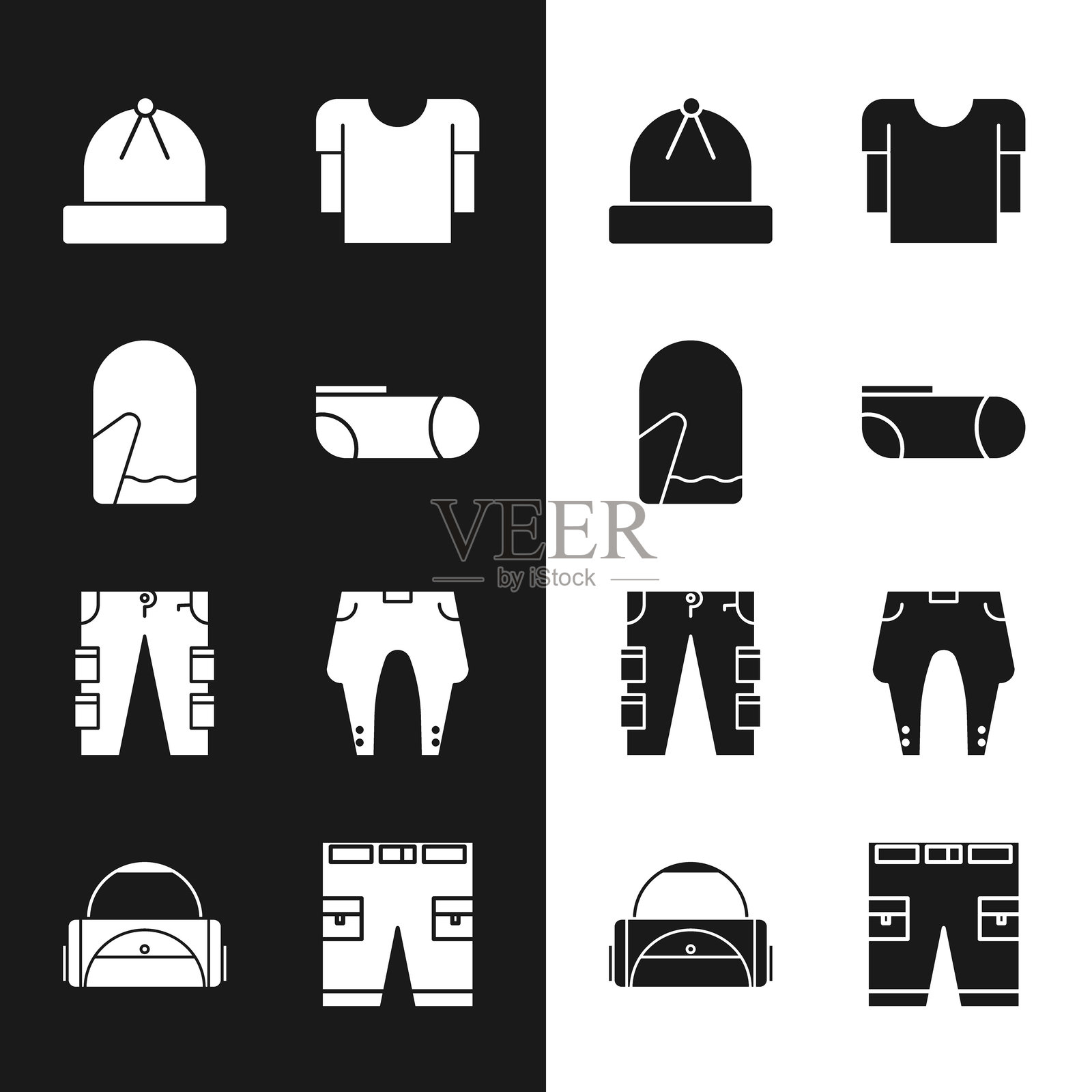 运动袜、圣诞手套、冬季帽子、长袖衬衫、工装裤、裤子、短裤和包的图标。矢量图。插画图片素材