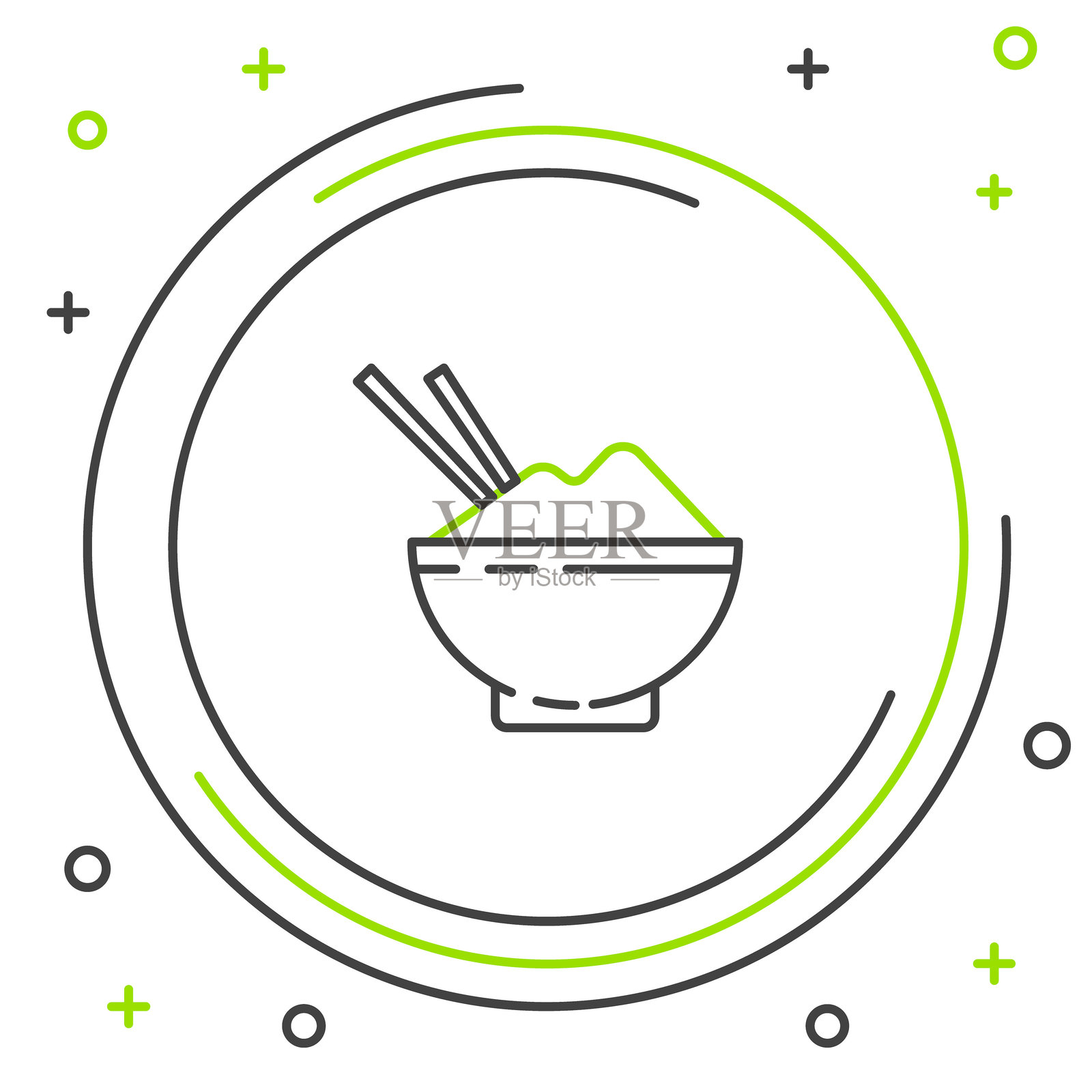 碗中的米线与筷子图标，背景为白色。传统亚洲美食。彩色轮廓概念。矢量图。插画图片素材