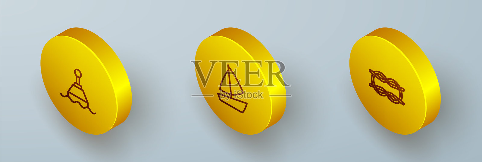 等距线浮标、帆船和海洋绳结图标。矢量图。插画图片素材