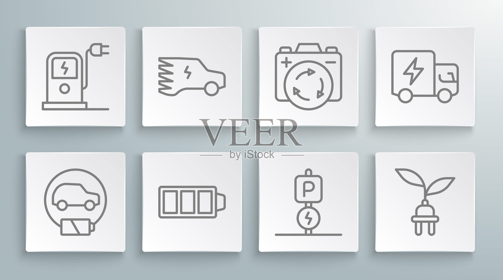 电动汽车，电池充电，充电停车位，节能插头叶子，带回收标志的卡车和充电站图标。矢量图。插画图片素材