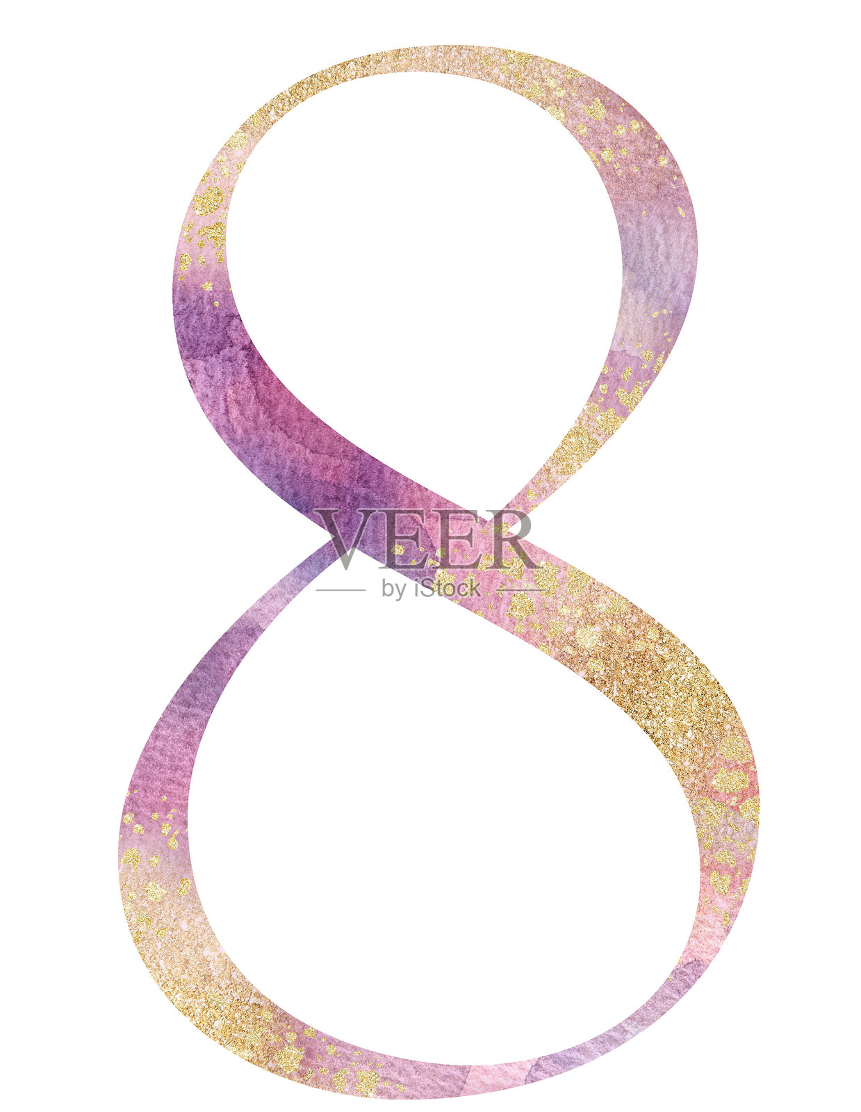 淡粉色水彩数字8，带有金色飞溅，浪漫的柔和婚礼独立插图照片摄影图片