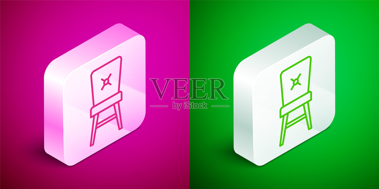 等距线条椅子图标，背景为粉色和绿色。银色方形按钮。矢量图。插画图片素材