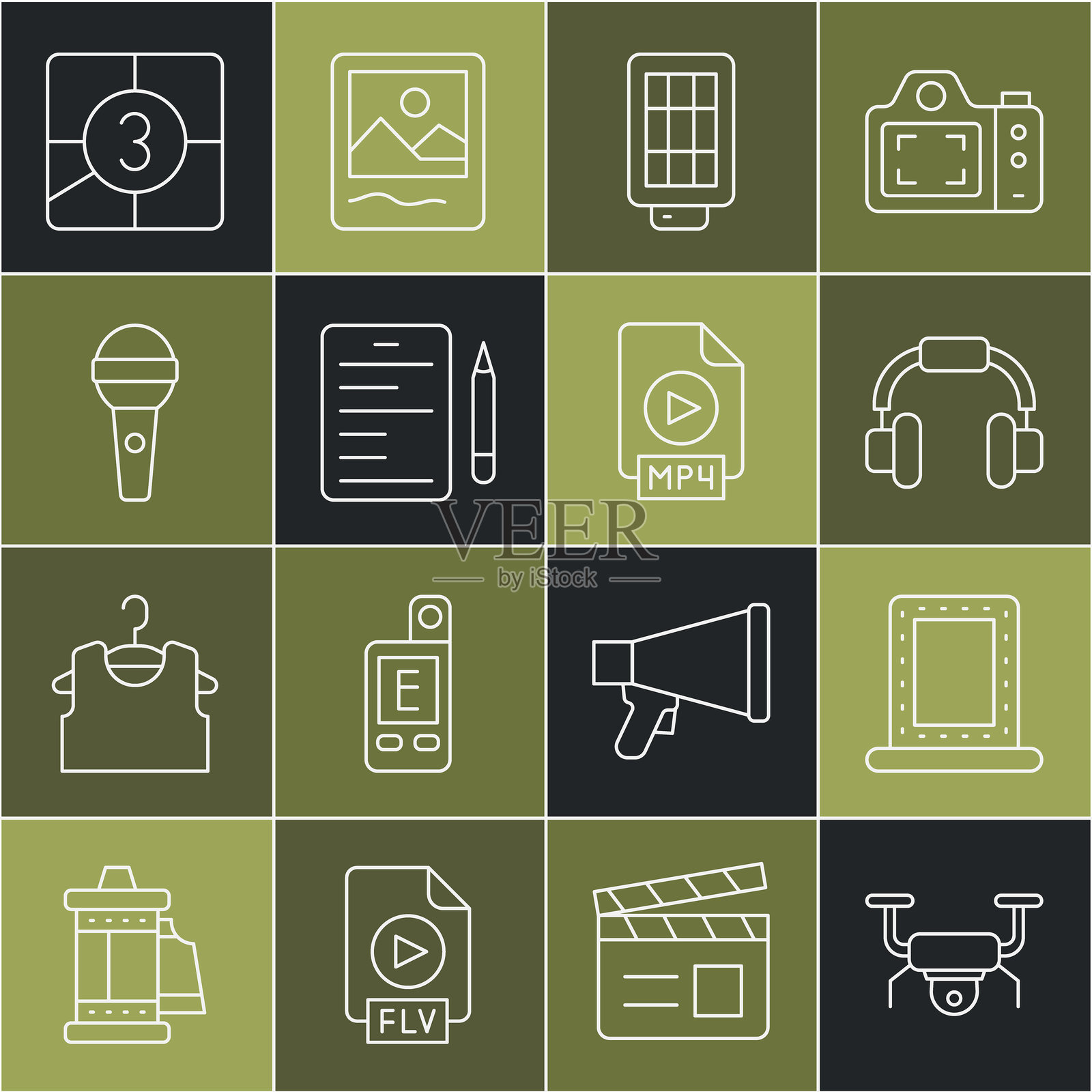 无人机飞行，带灯化妆镜，耳机，软箱，场景，麦克风，旧电影倒计时框和MP4文件图标。矢量图。插画图片素材