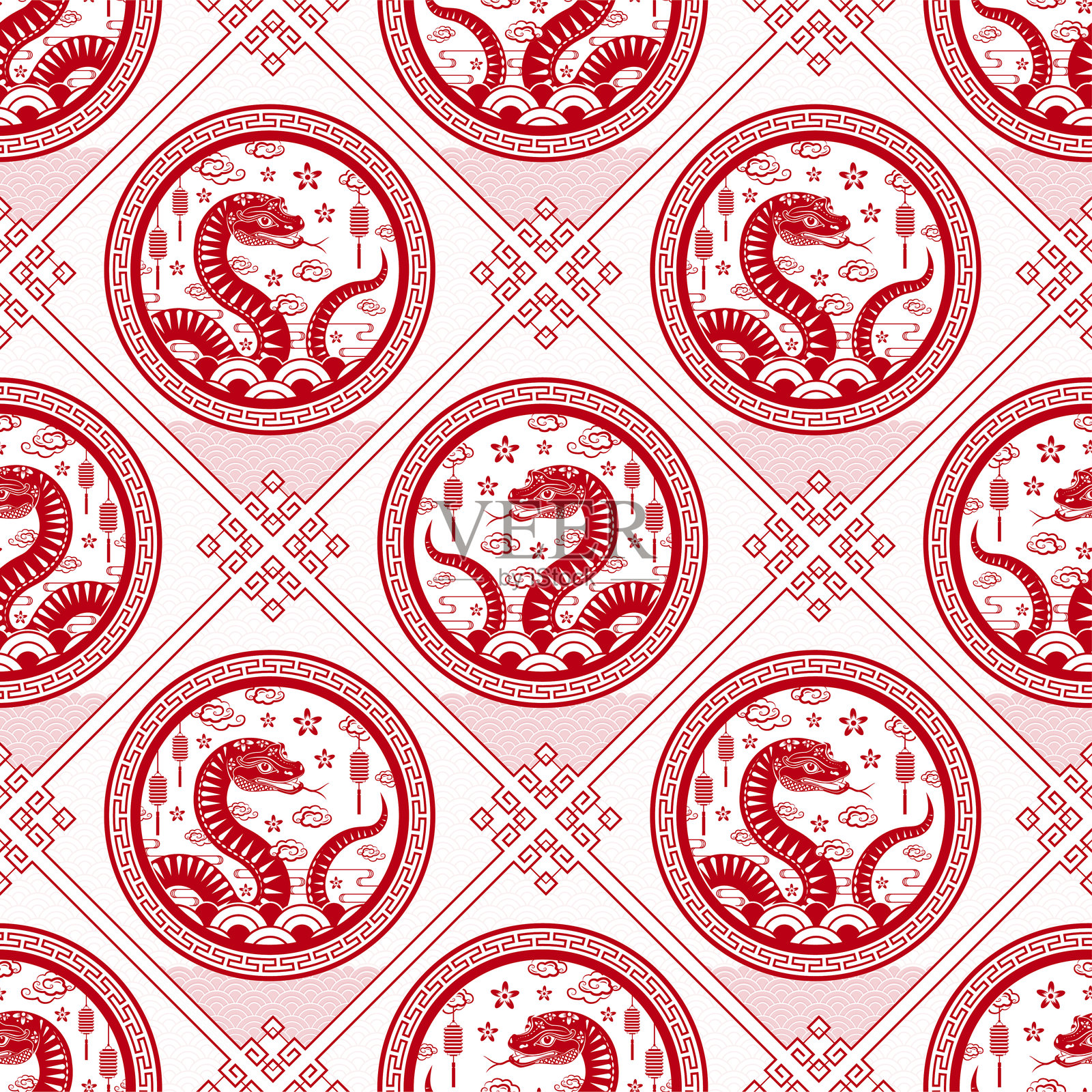 带有亚洲元素的无缝图案，庆祝2025年快乐的蛇年春节插画图片素材