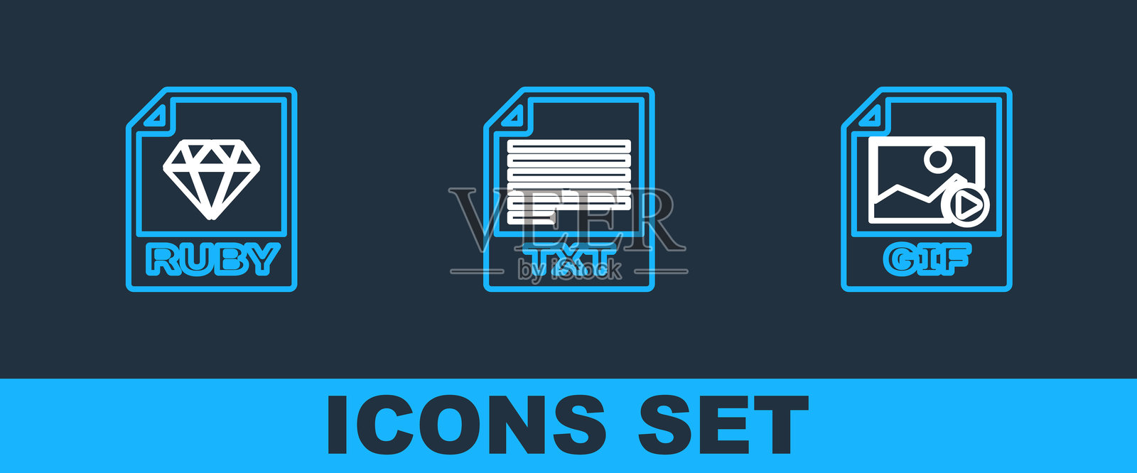 设置线条GIF文件文档，RUBY和TXT图标。矢量图。插画图片素材