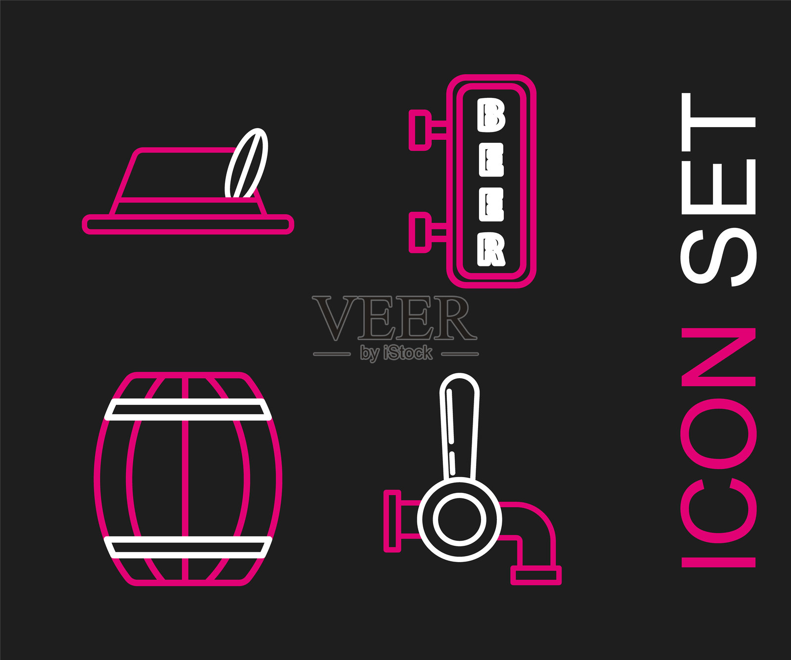 啤酒龙头、木桶、带铭文的街道招牌和啤酒节帽子图标。矢量图。插画图片素材