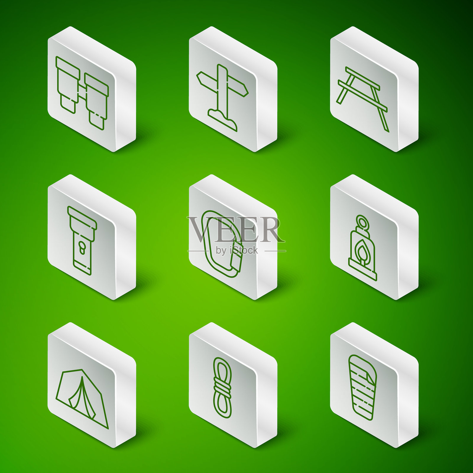 睡袋、登山绳、望远镜、登山扣、手电筒、道路交通标志、旅游帐篷和露营灯图标。矢量图。插画图片素材