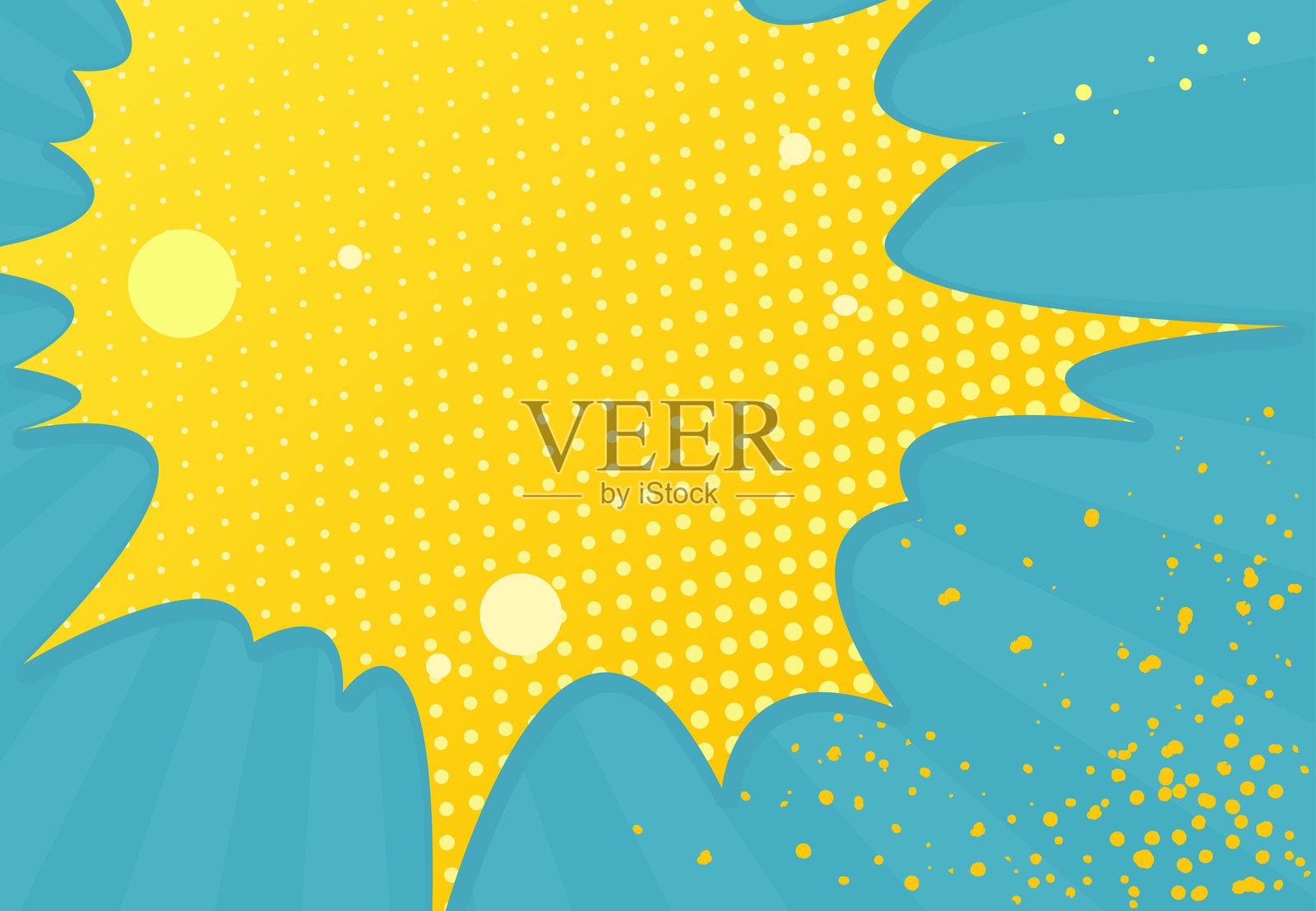 矢量波普艺术漫画风格背景设计。蓝色和黄色的卡通平面风格背景或横幅，带有半色调。插画图片素材