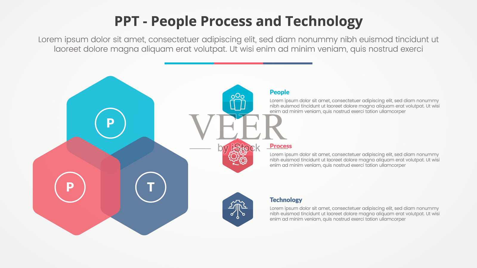 幻灯片演示的PPT框架信息图概念，左侧列创建三角形形状的六边形，包含三点列表，采用扁平风格。插画图片素材