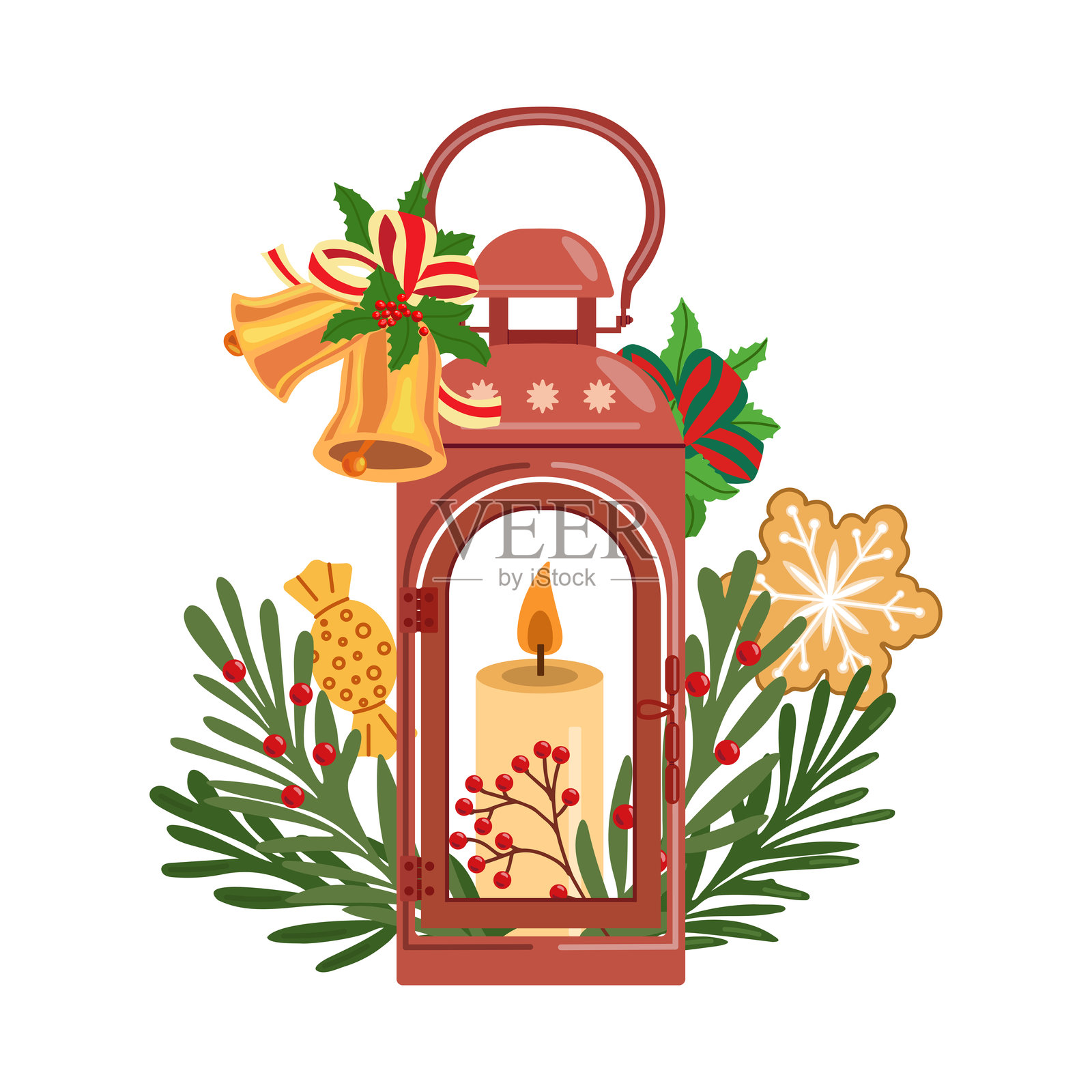 快乐的节日。冬季圣诞灯笼与装饰。插画图片素材