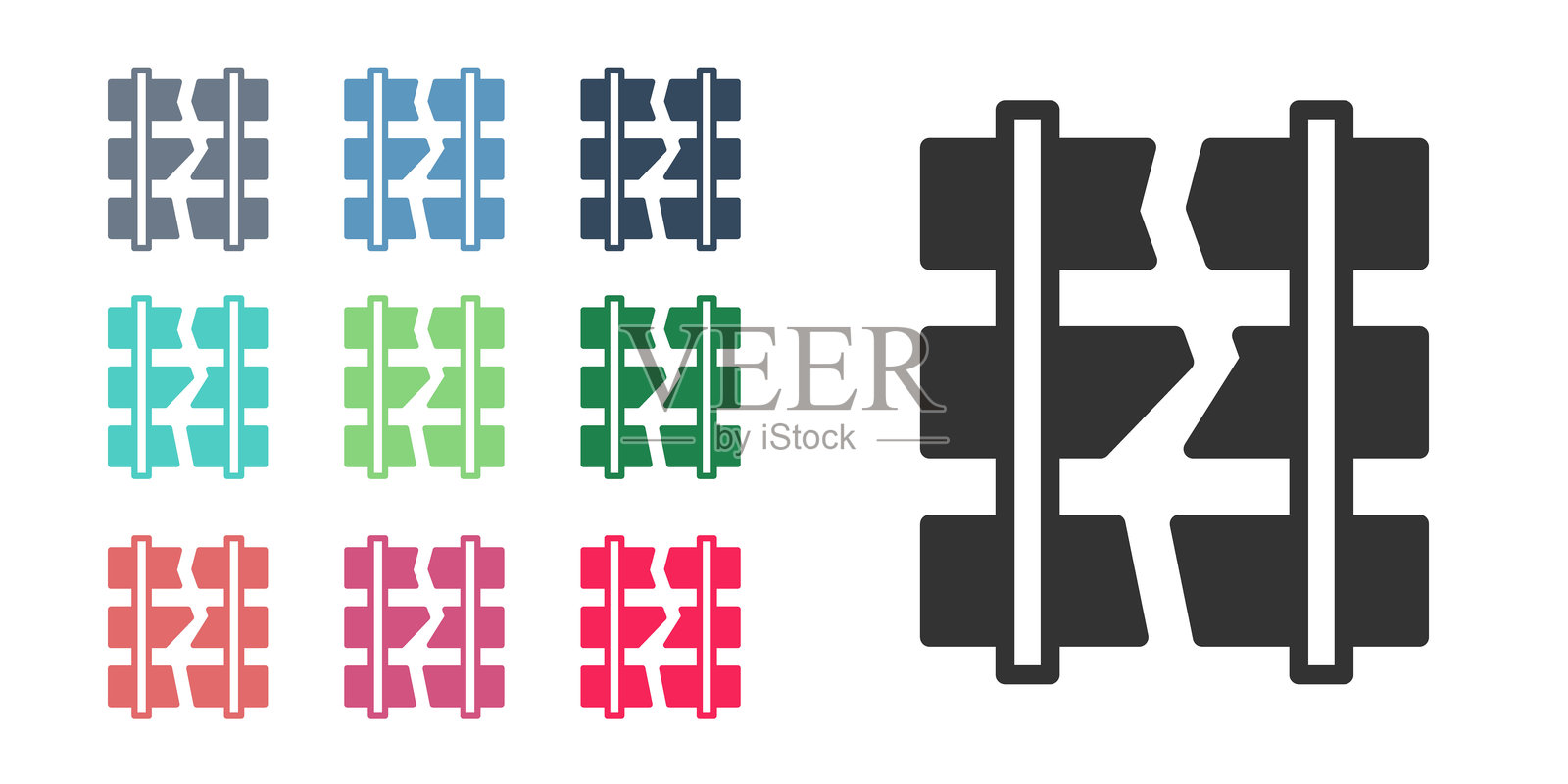 黑色破损或断裂的铁路轨道图标，背景为白色。彩色图标集合。矢量图。插画图片素材