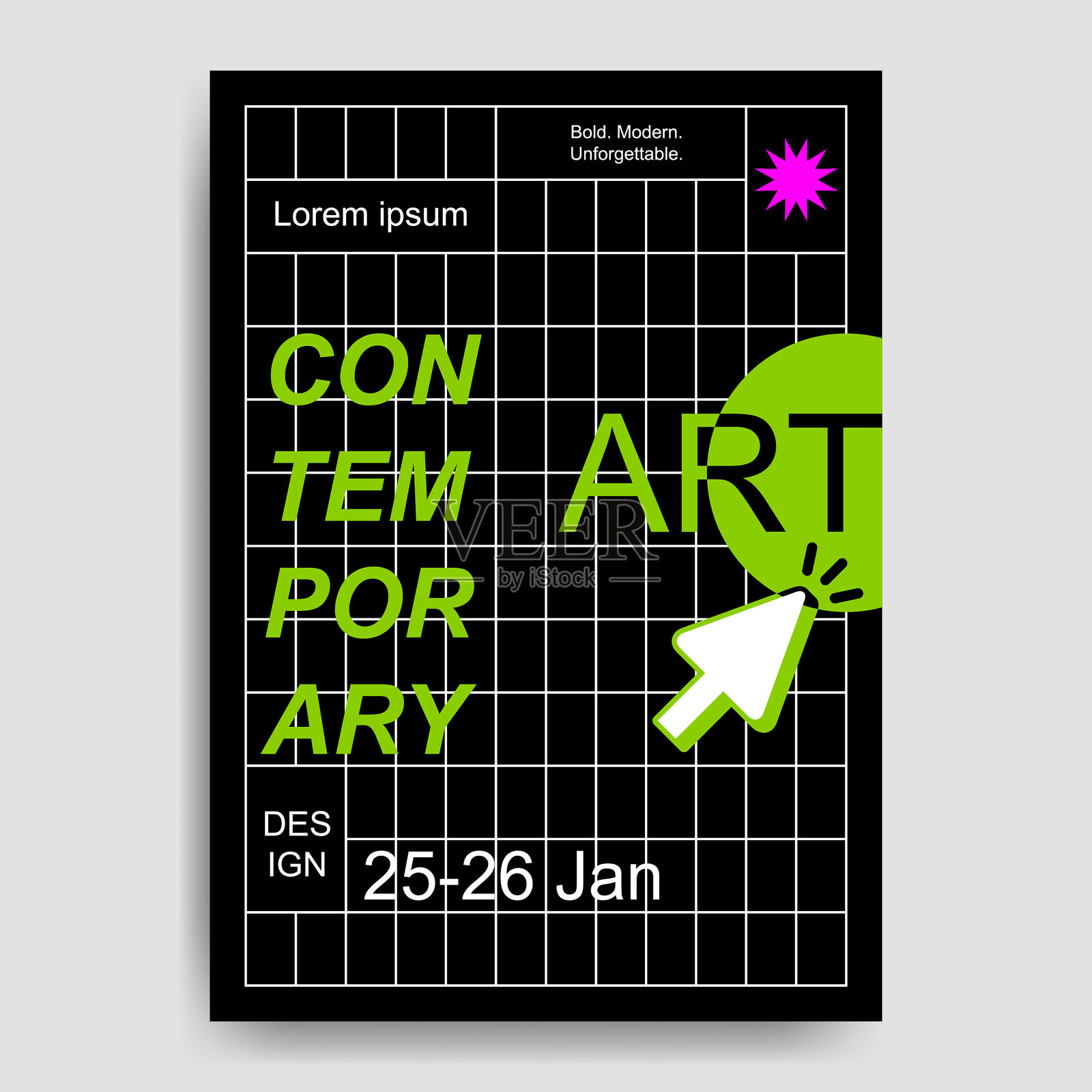 现代艺术展览海报，带有复古未来主义设计插画图片素材