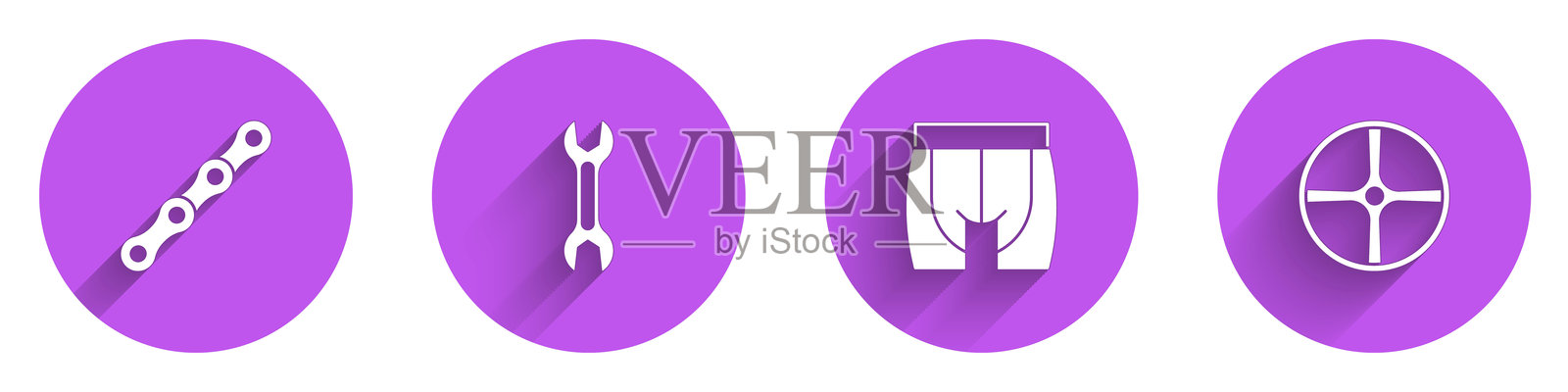 自行车链条、扳手、骑行短裤和带长阴影的轮子图标。矢量图。插画图片素材