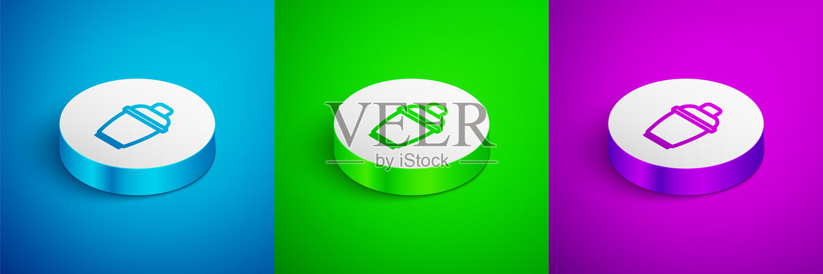 等距线条鸡尾酒摇壶图标，背景为蓝色、绿色和紫色。白色圆形按钮。矢量图。插画图片素材