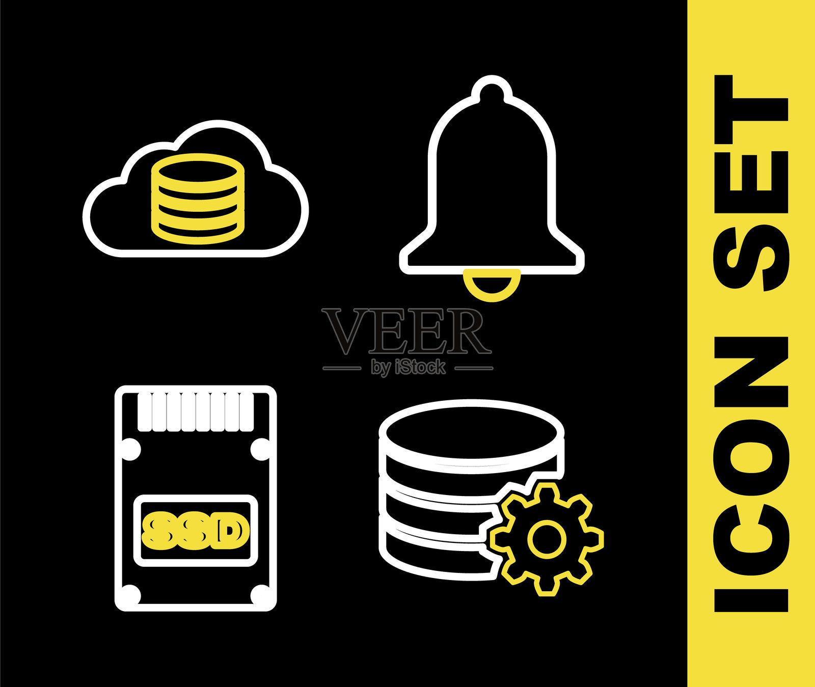 设置铃声、设置数据库服务器、SSD卡和云图标。矢量图。插画图片素材