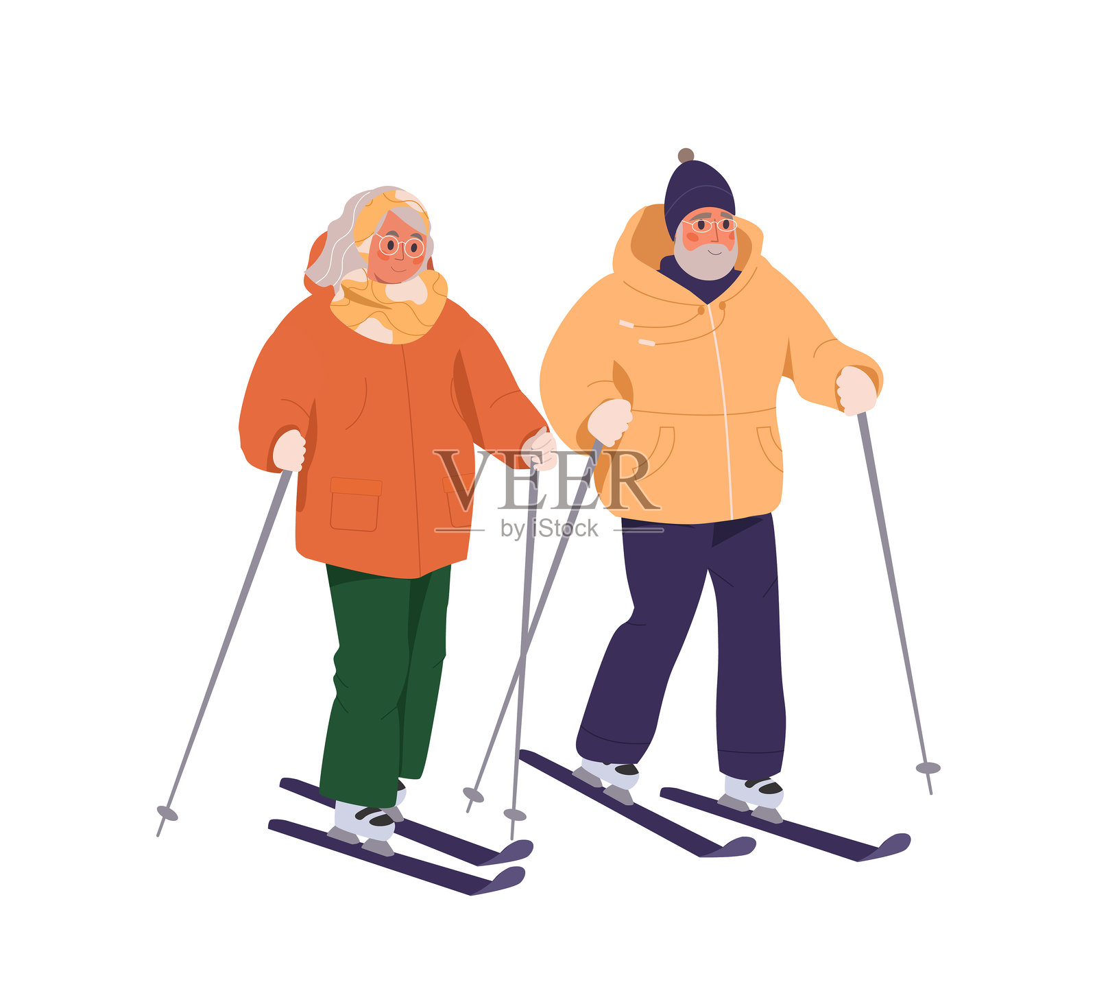 老年人滑雪。快乐的老年夫妇在户外运动。积极健康的生活方式概念。冬季户外休闲的矢量平面卡通插图。微笑的灰发男士和女士滑雪。插画图片素材