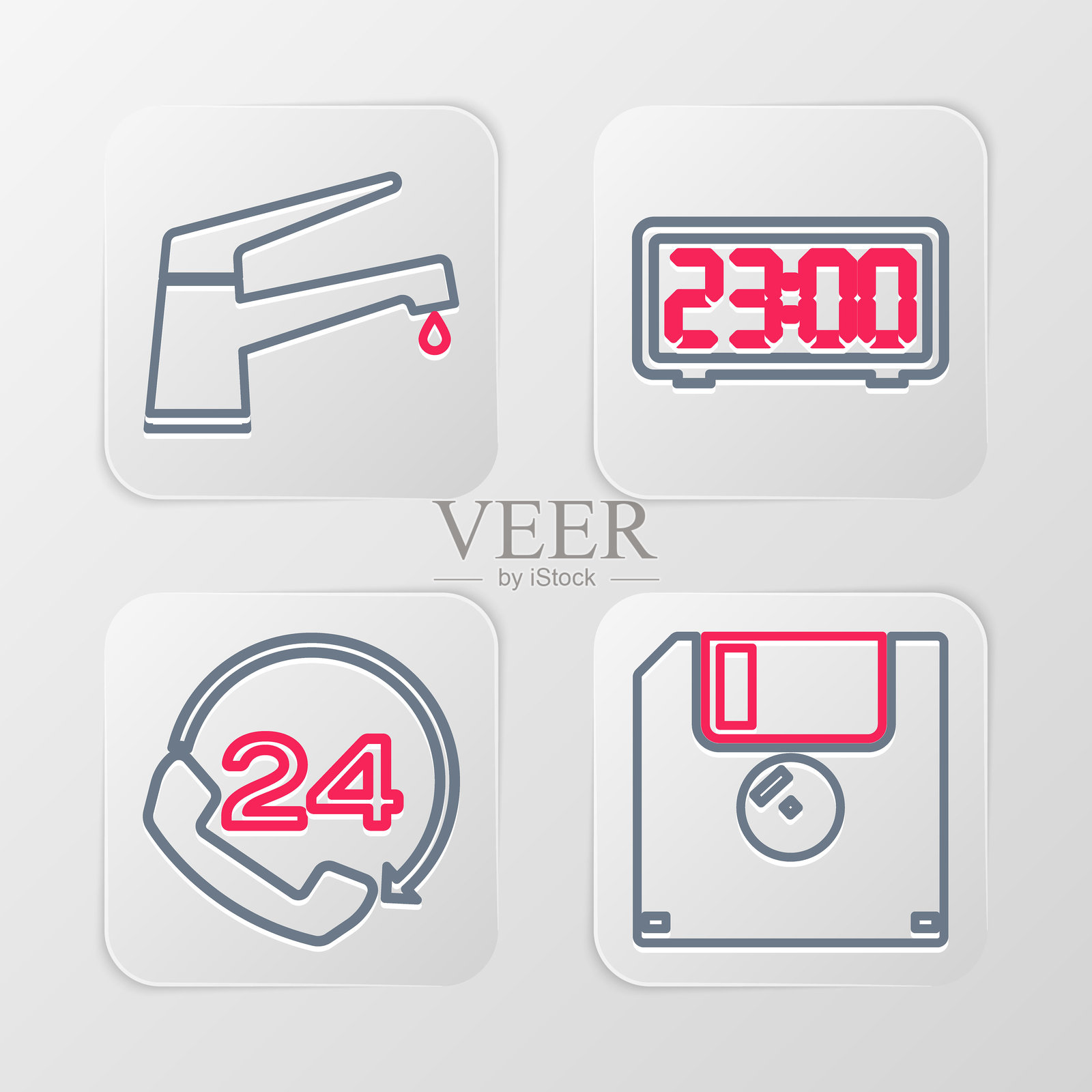 设置线条图标：软盘、电话24小时支持、数字闹钟和水龙头。矢量图。插画图片素材