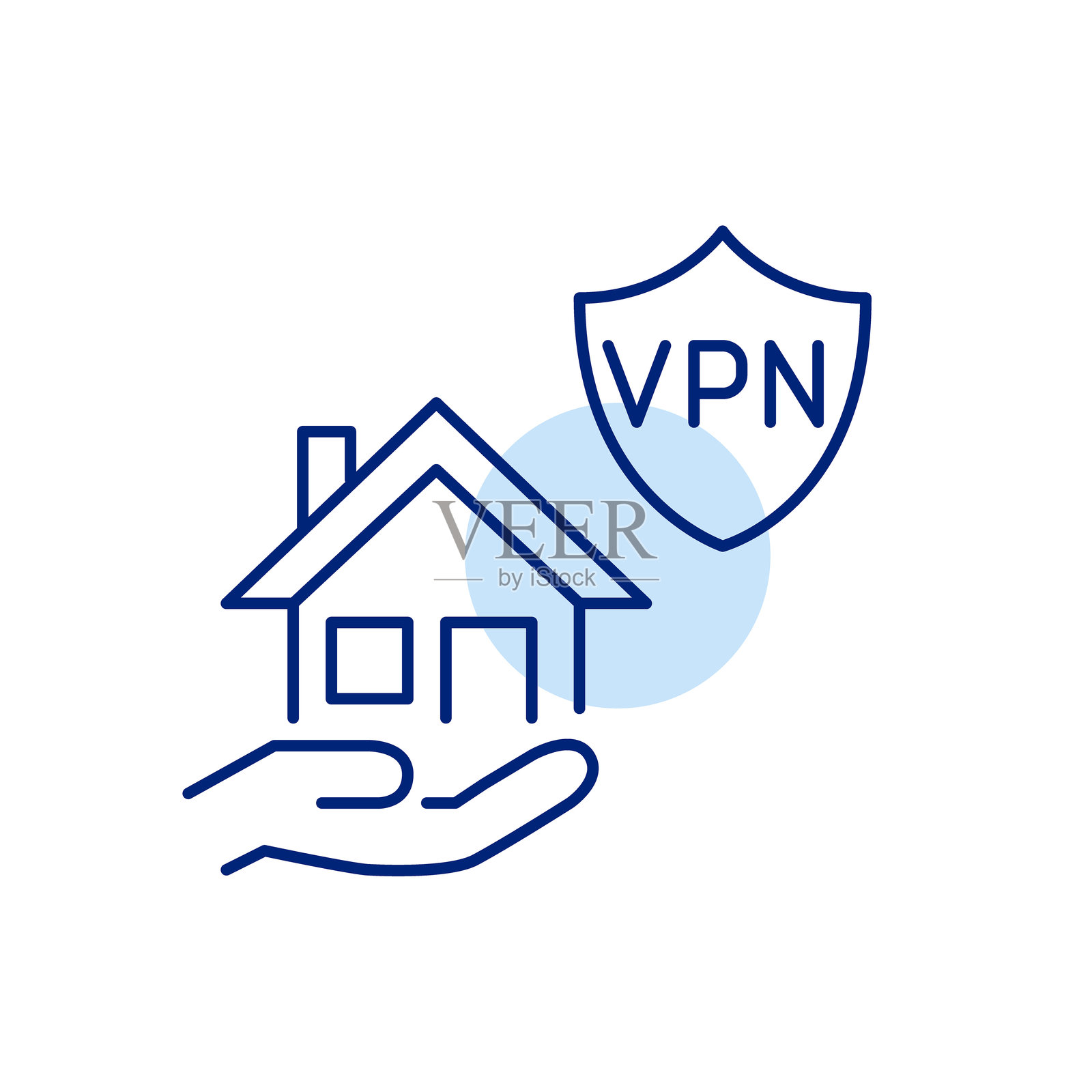 手握房屋和VPN盾牌。安全的在线浏览、数据保护和隐私。像素完美，可编辑的线条图标。插画图片素材