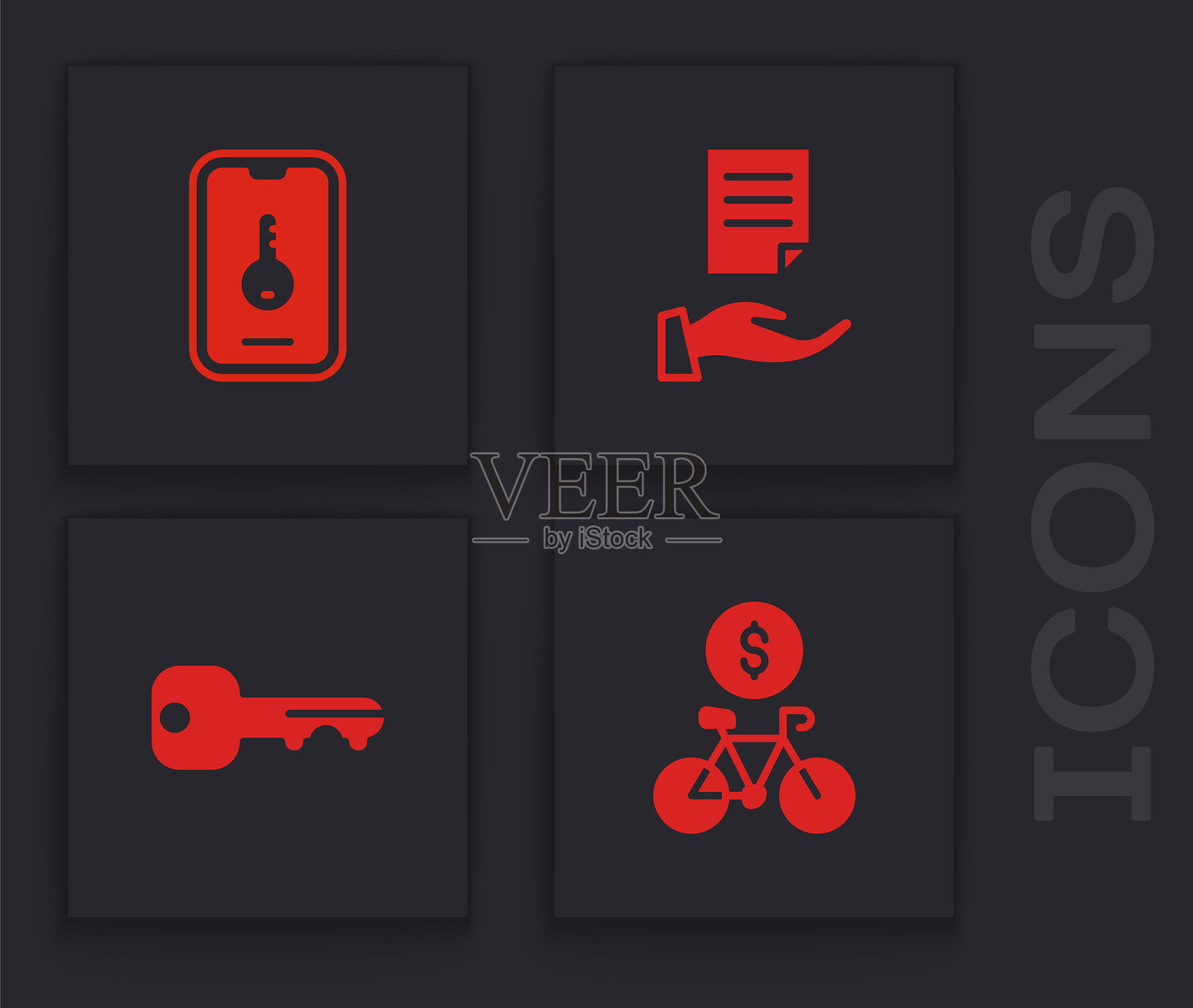 自行车租赁移动应用程序，在线房地产，房屋合同和钥匙图标。矢量图。插画图片素材