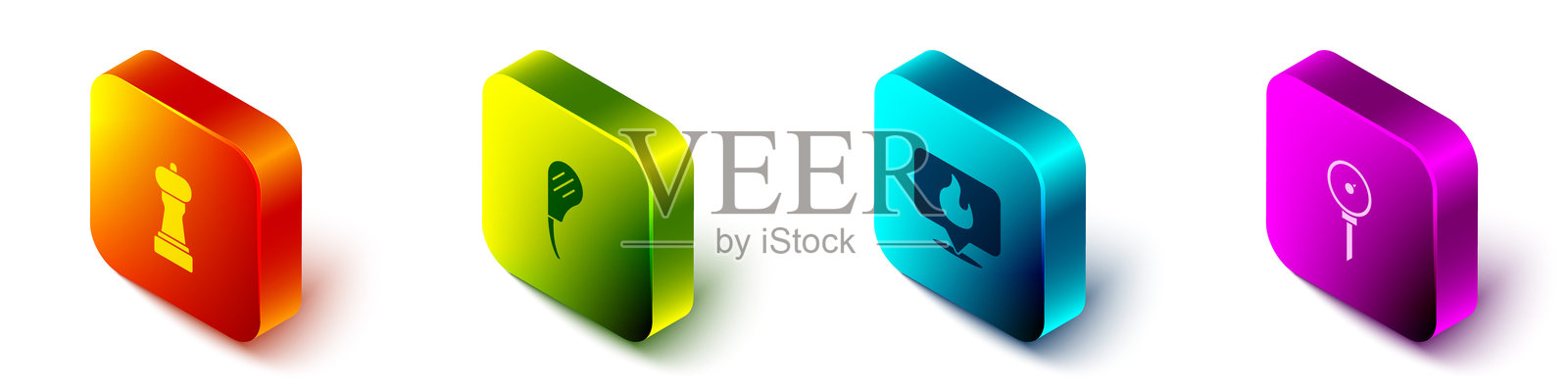 等距的胡椒、肋眼牛排、带火焰的地点和厨房温度计图标。矢量图。插画图片素材