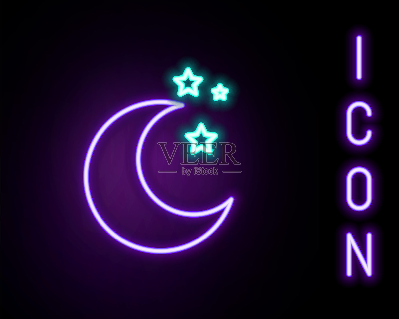 发光的霓虹线月亮和星星图标，背景为黑色。彩色轮廓概念。矢量图。插画图片素材