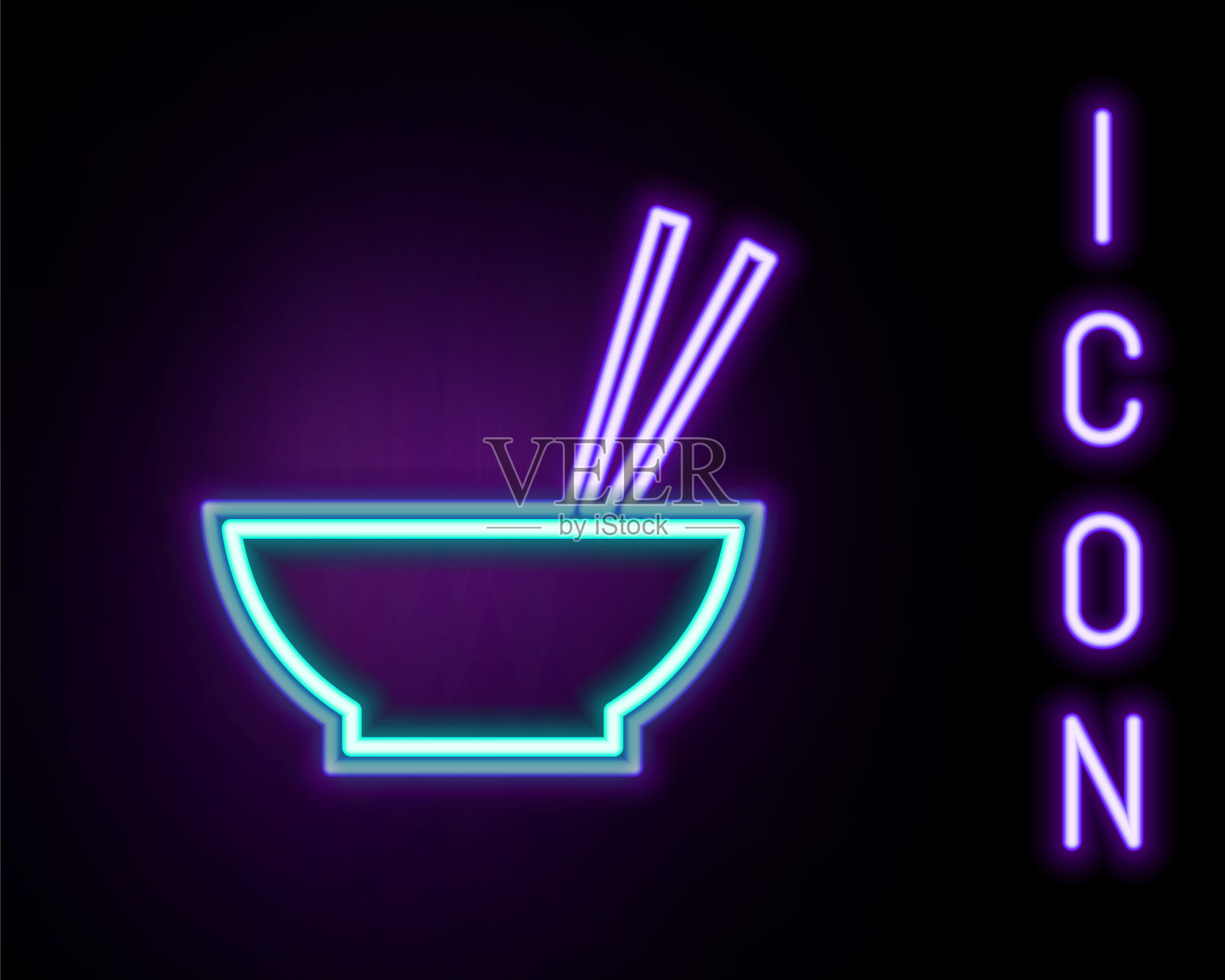 发光的霓虹线条碗与亚洲食物和一双筷子的轮廓图标，背景为黑色。准备、东方饮食的概念。彩色轮廓概念。矢量图。插画图片素材