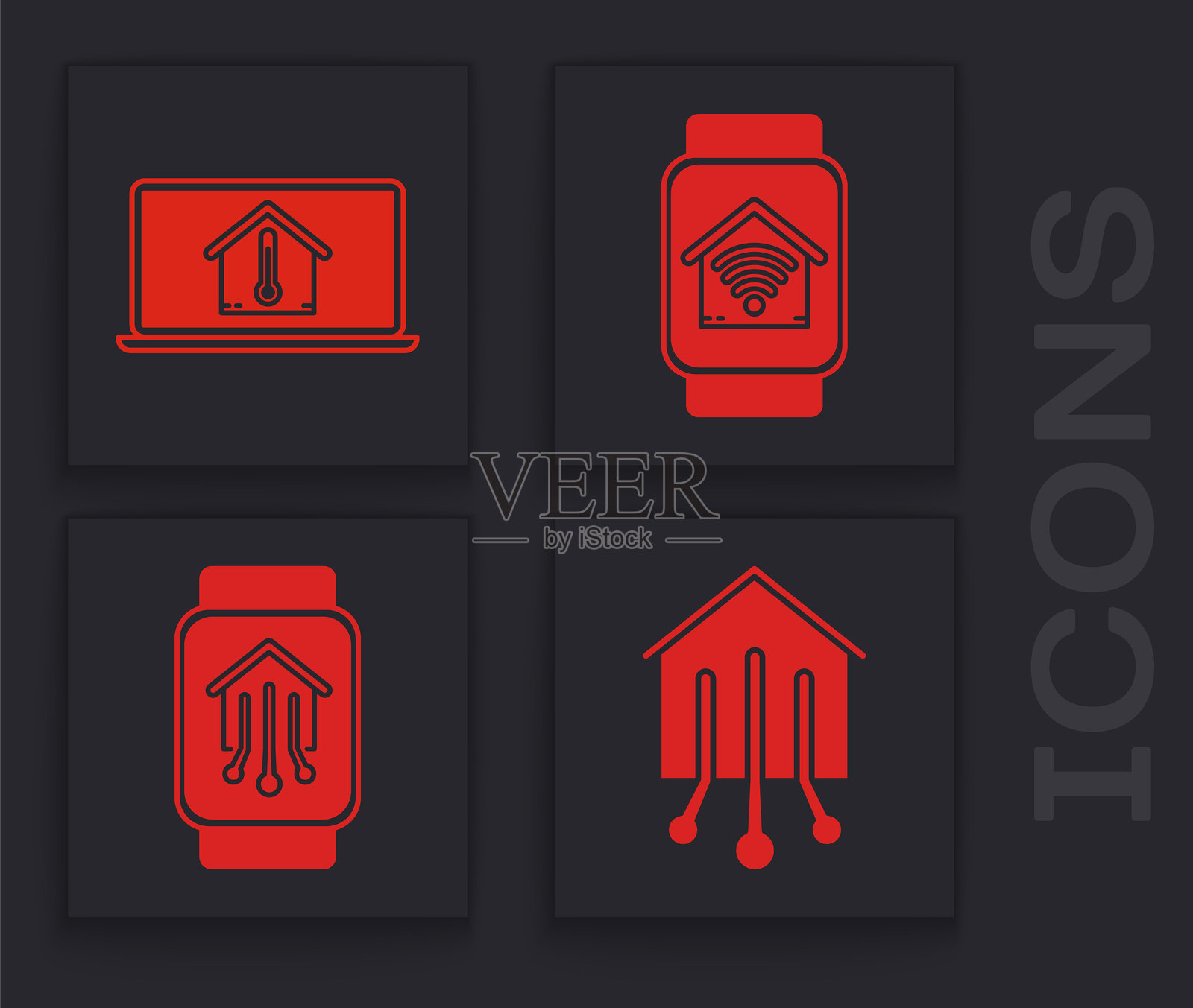 带有房屋温度的笔记本电脑，带有Wi-Fi的智能手表与智能家居，带有智能手表图标的智能家居。矢量图。插画图片素材