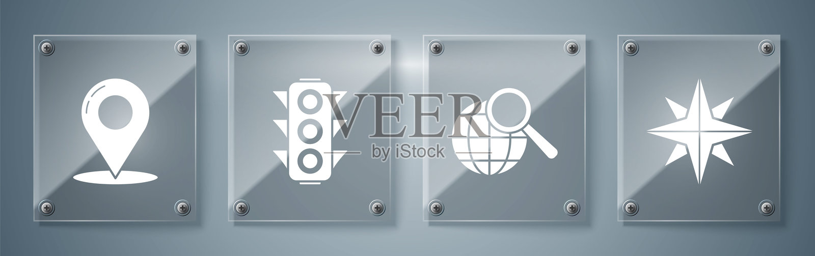 风玫瑰，放大镜与地球，交通信号灯和地图图钉。方形玻璃面板。矢量图。插画图片素材