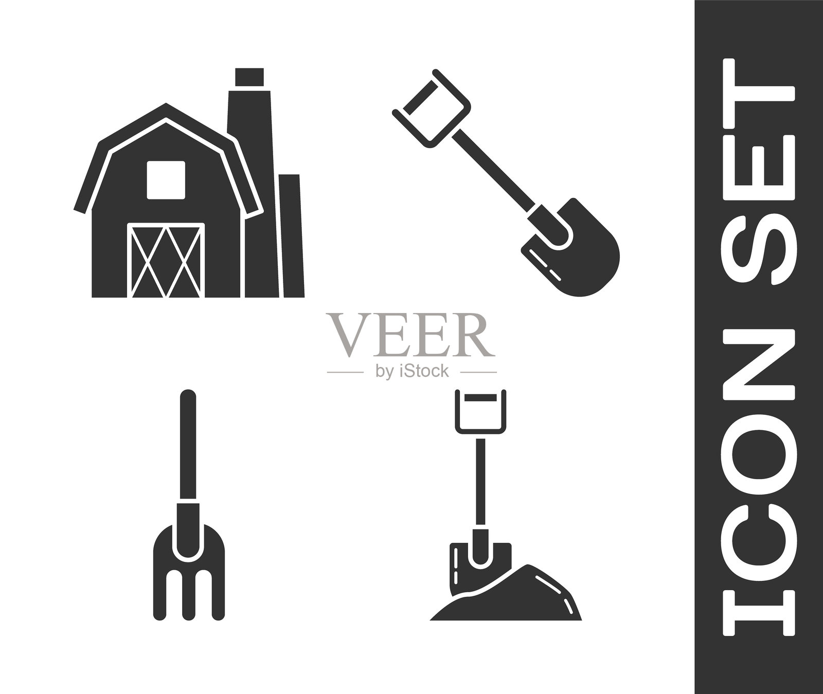 将铲子放入土中，农舍概念，园艺耙和铲子的图标。矢量图。插画图片素材