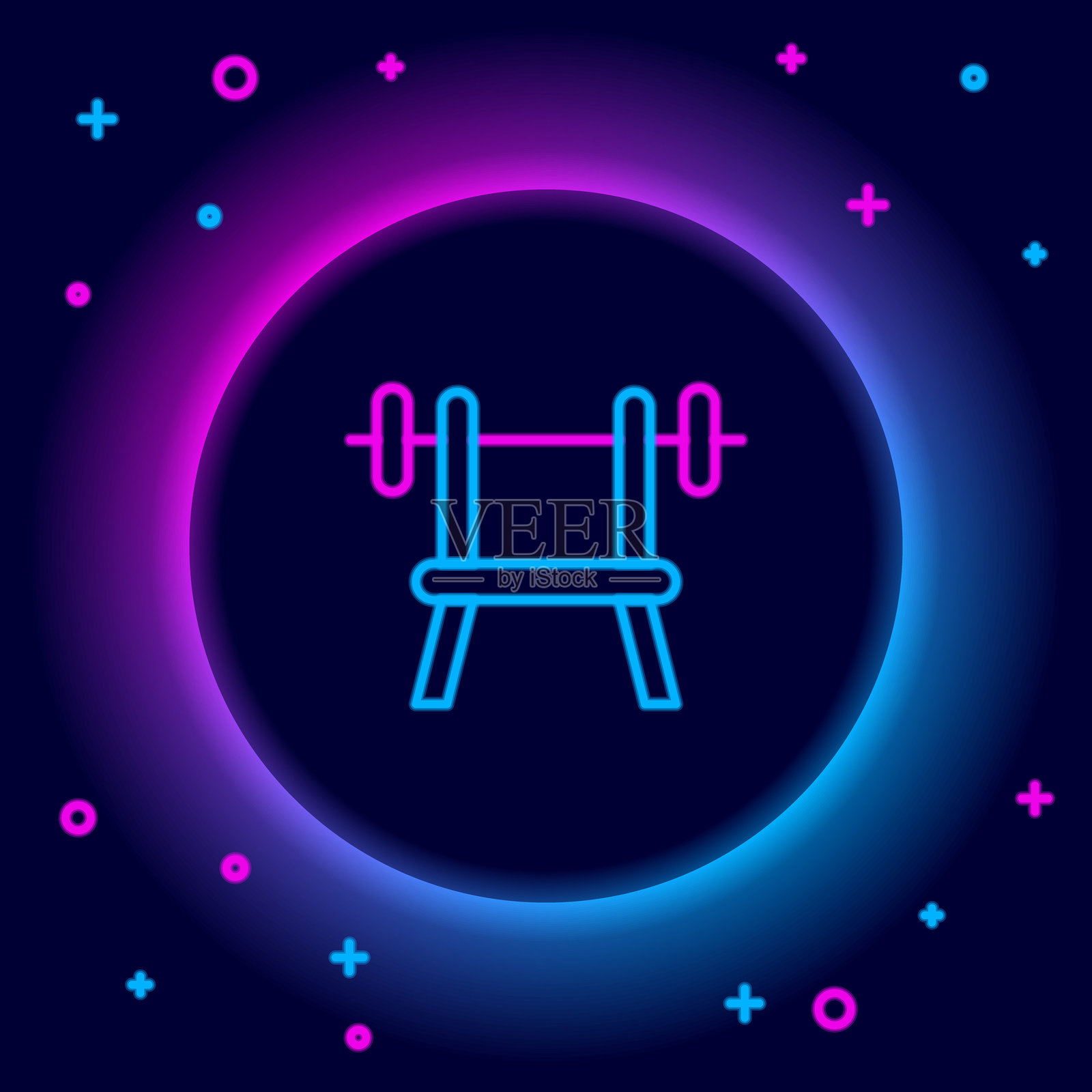 发光的霓虹线条，黑色背景上的杠铃长椅图标。健身器材。健美、力量举、健身概念。彩色轮廓概念。矢量图。插画图片素材