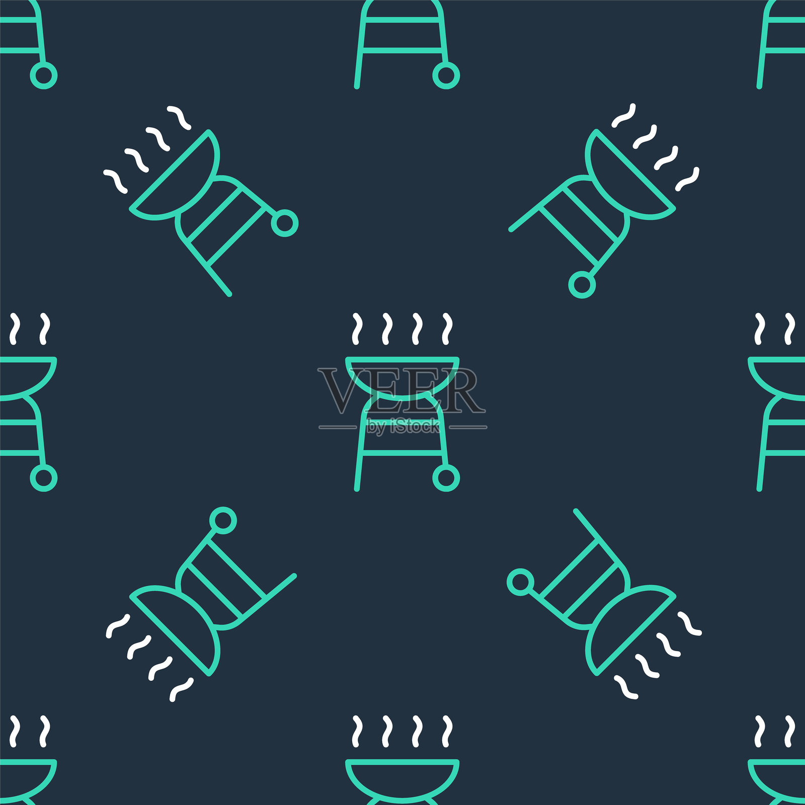 黑色背景上隔离的线条烧烤架图标，无缝图案。烧烤派对。矢量图。插画图片素材