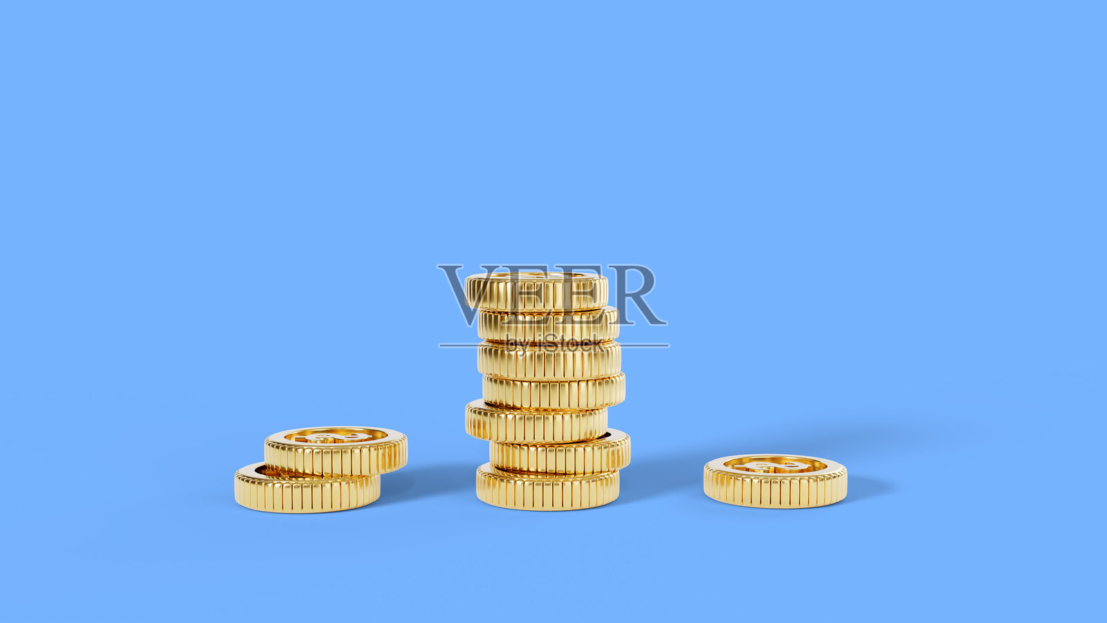 蓝色背景上的3D卡通金币堆叠。金币增长。照片摄影图片