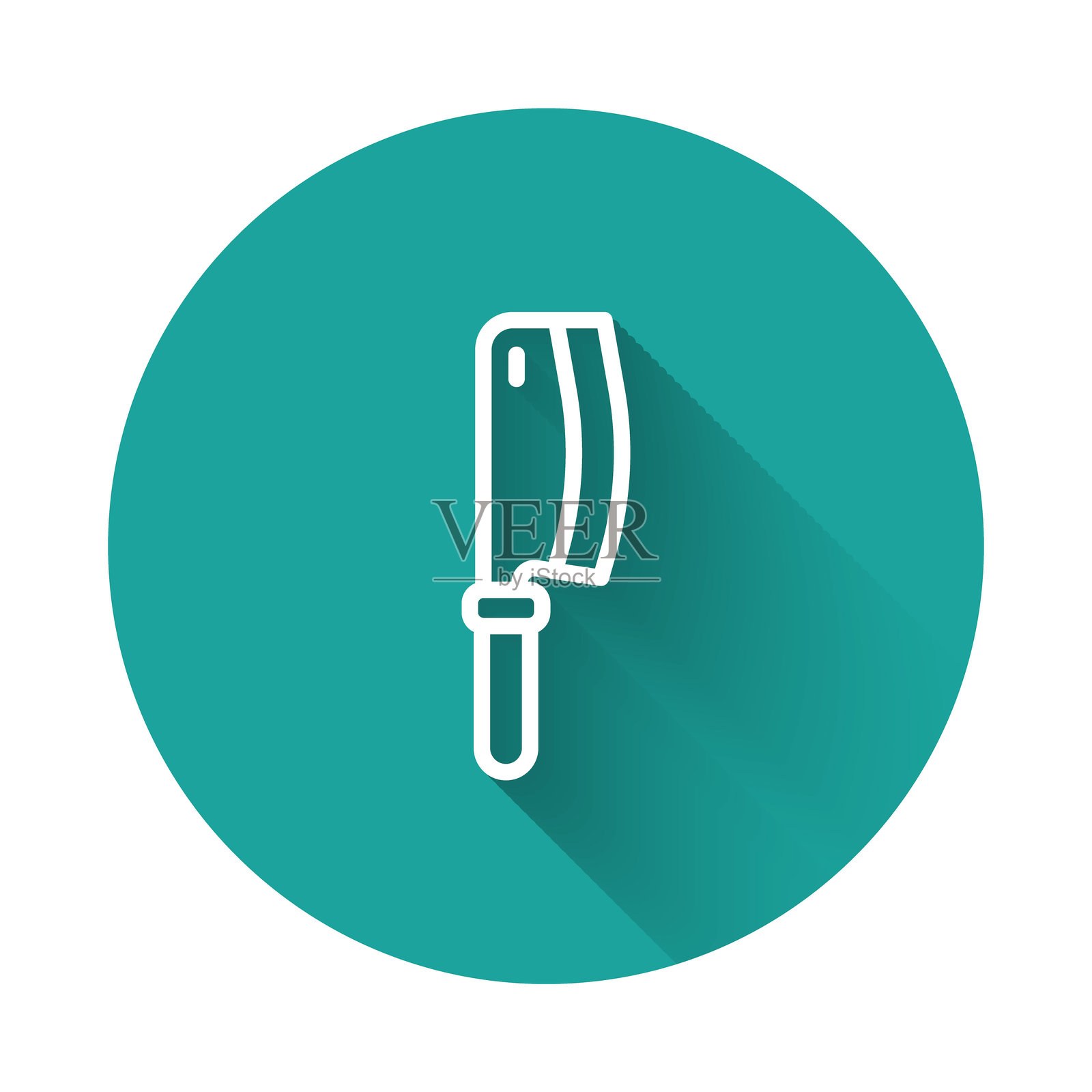 白色线条的肉类切割器图标，带有长阴影背景。用于肉类的厨房刀具。屠夫刀。绿色圆形按钮。矢量图。插画图片素材