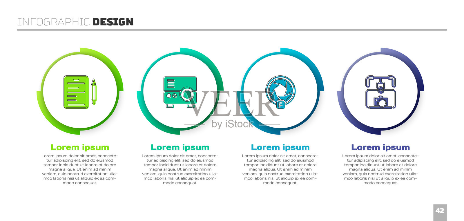 场景设置，媒体投影仪，相机快门和带相机的云台稳定器。商业信息图模板。矢量图。插画图片素材