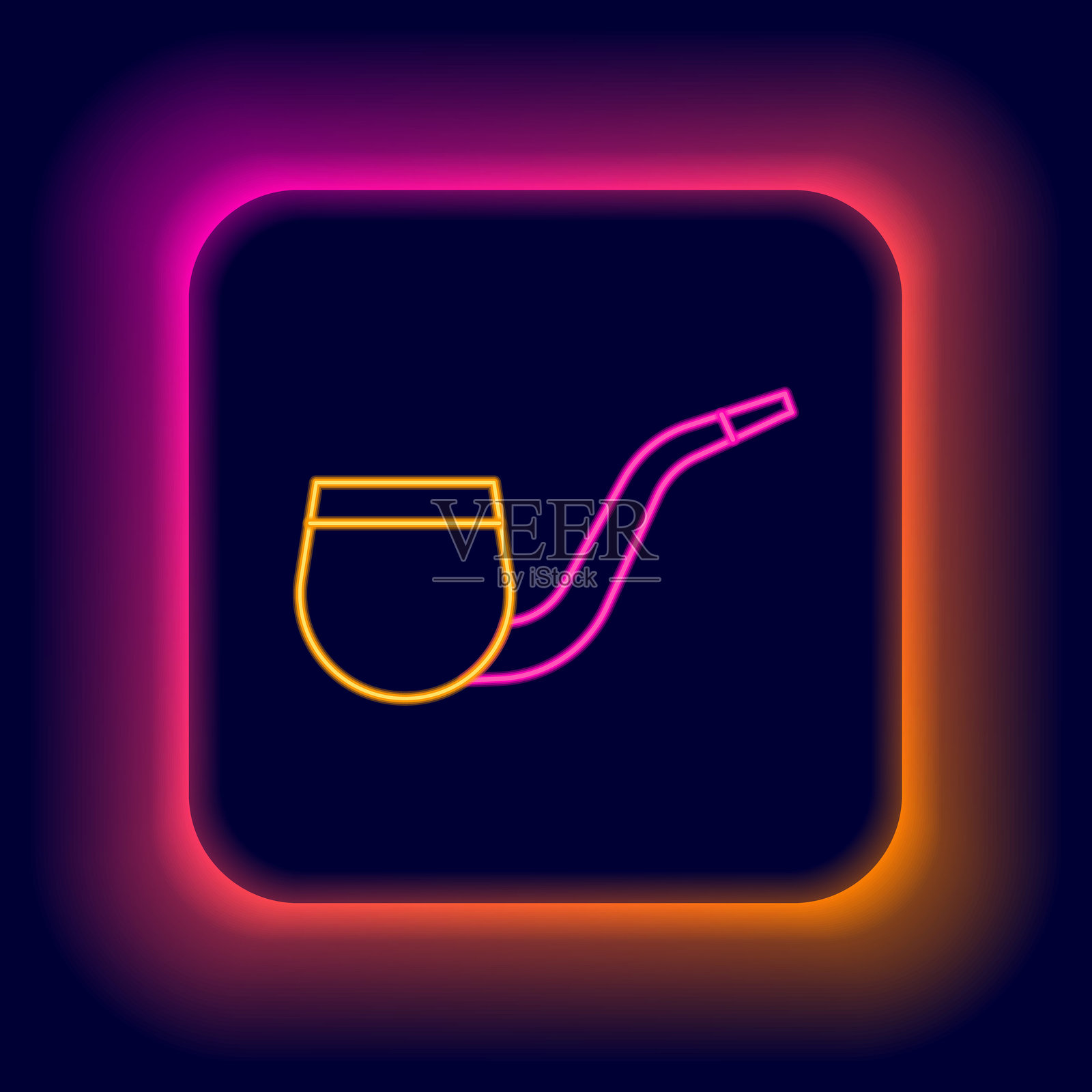 发光的霓虹线条，黑色背景上的禁烟图标。禁止吸烟。烟斗。彩色轮廓概念。矢量图。插画图片素材