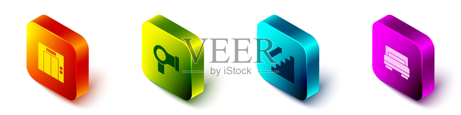 等距升降机、吹风机、楼梯向上和酒店房间床图标。矢量图。插画图片素材