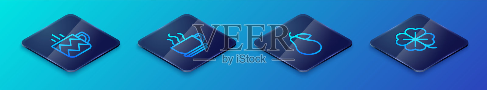 等距线图标：梨子、茶杯、四叶草和咖啡杯。矢量图。插画图片素材