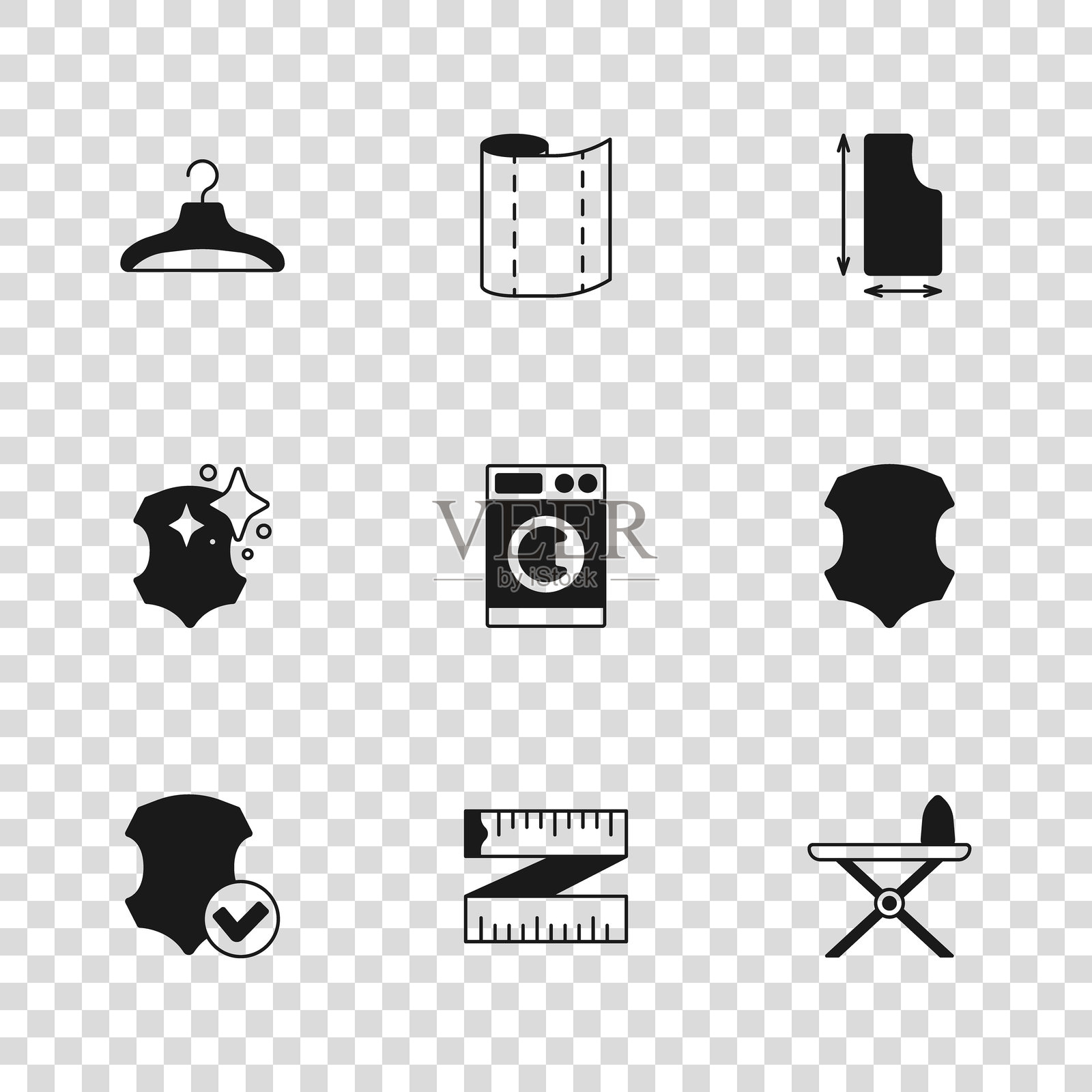 卷尺、皮革、电熨斗和熨衣板、洗衣机、缝纫图案、衣架、纺织面料卷和图标。矢量图。插画图片素材