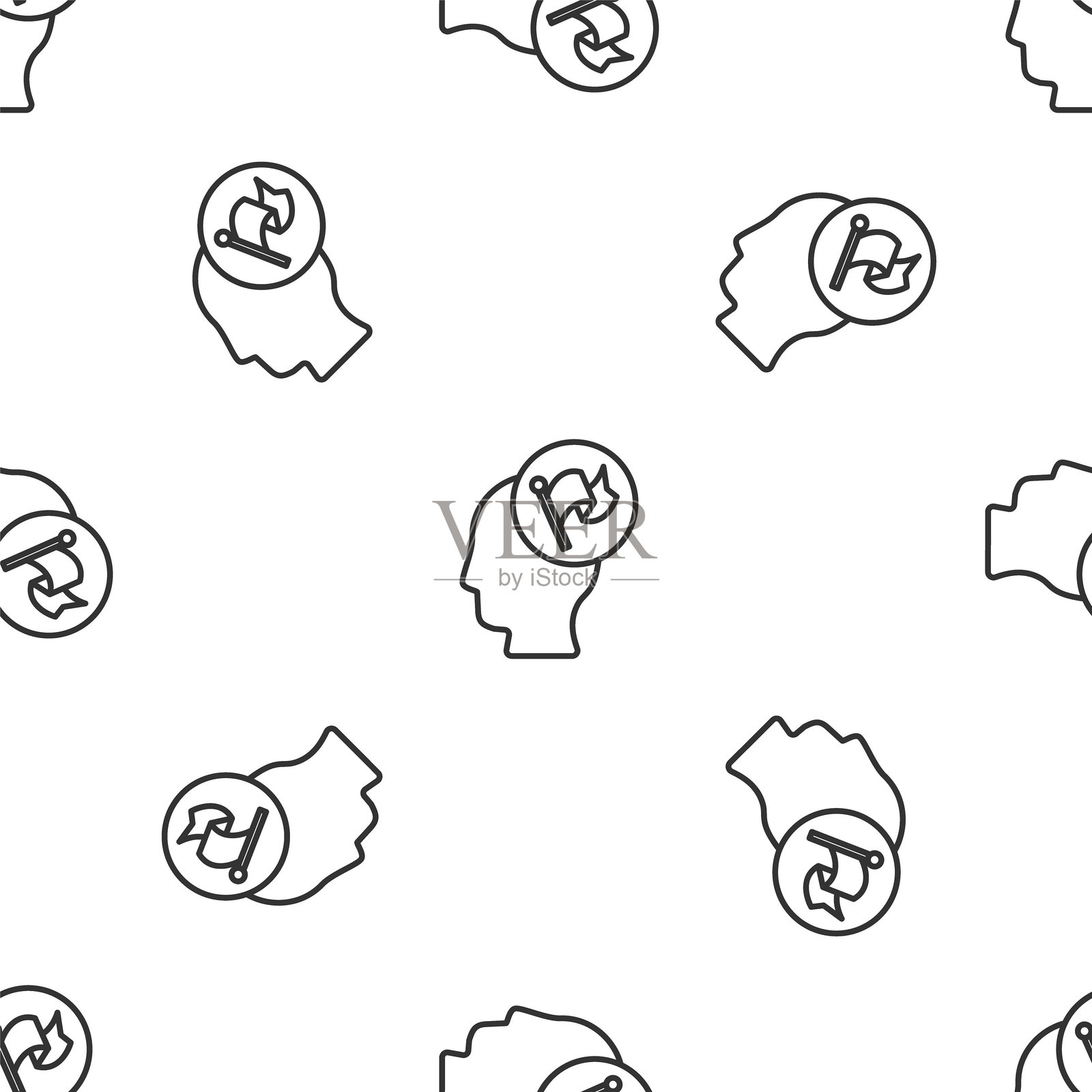 灰色线条手握旗帜图标，白色背景上的无缝图案。胜利、获胜和克服逆境的概念。矢量图。插画图片素材