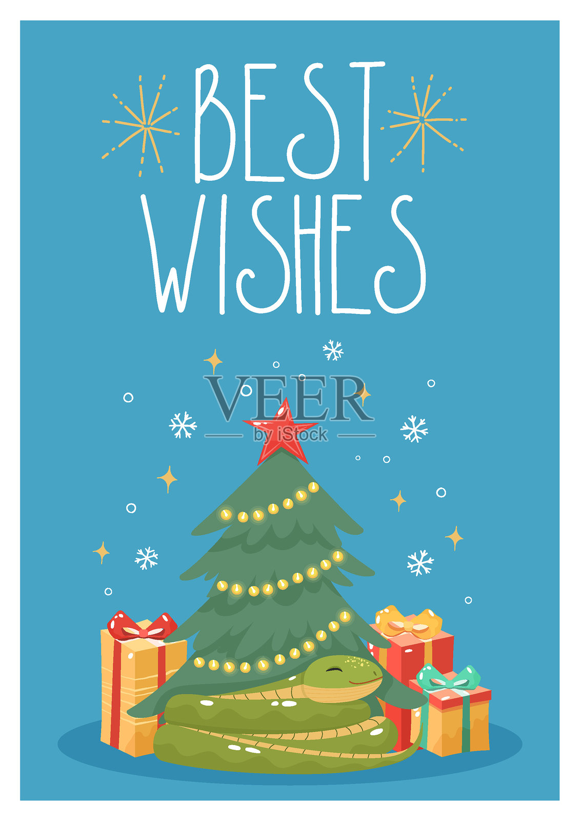 圣诞贺卡，上面有可爱的蛇和手绘字母插画图片素材