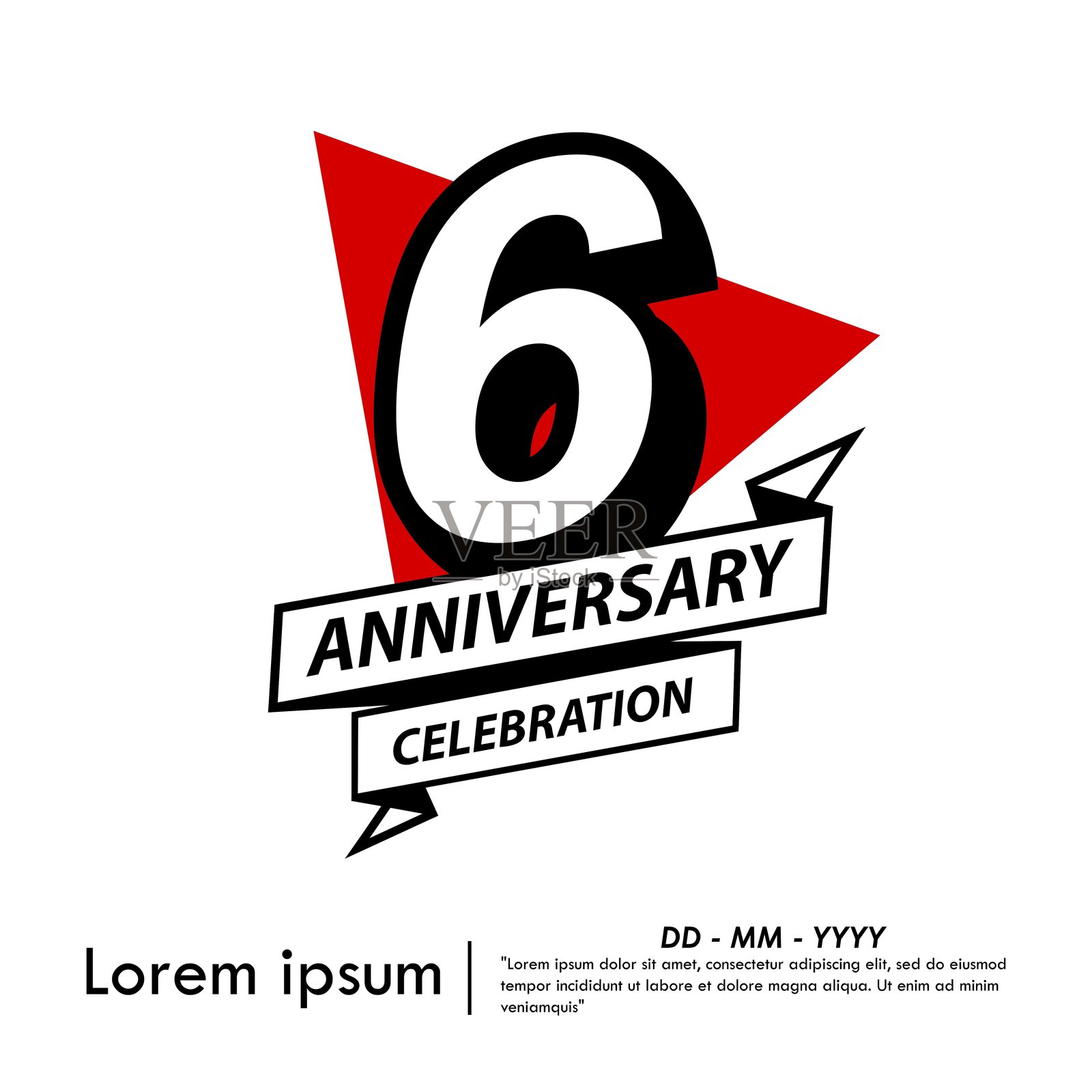 第六周年庆典徽章。黑色周年纪念标志，带有丝带和红色三角形，背景为白色。适用于网页、传单、海报、邀请卡和贺卡的矢量插图设计模板。插画图片素材