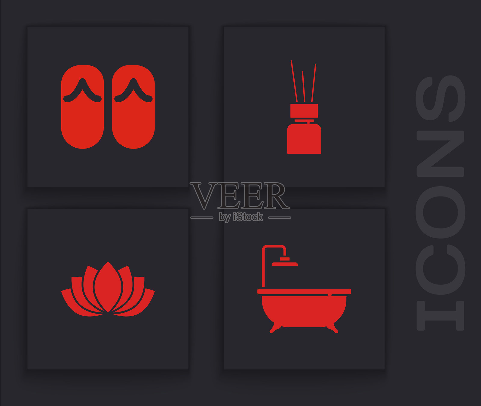 浴缸、拖鞋、香薰扩散器和莲花图标。矢量图。插画图片素材