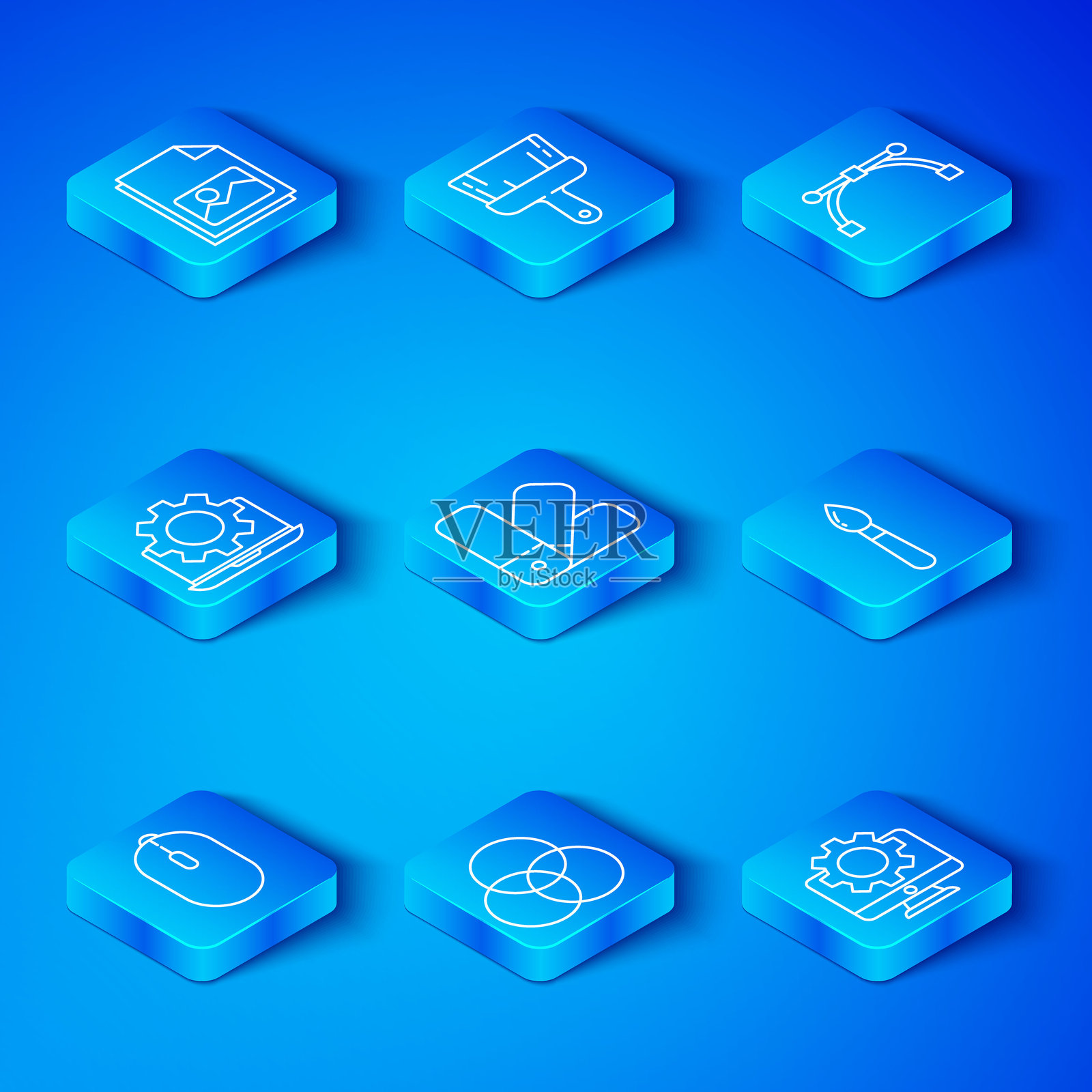 计算机鼠标，色彩调色板指南，RGB和CMYK颜色混合，画笔，贝塞尔曲线，笔记本电脑齿轮，风景图片和显示器图标。矢量图。插画图片素材