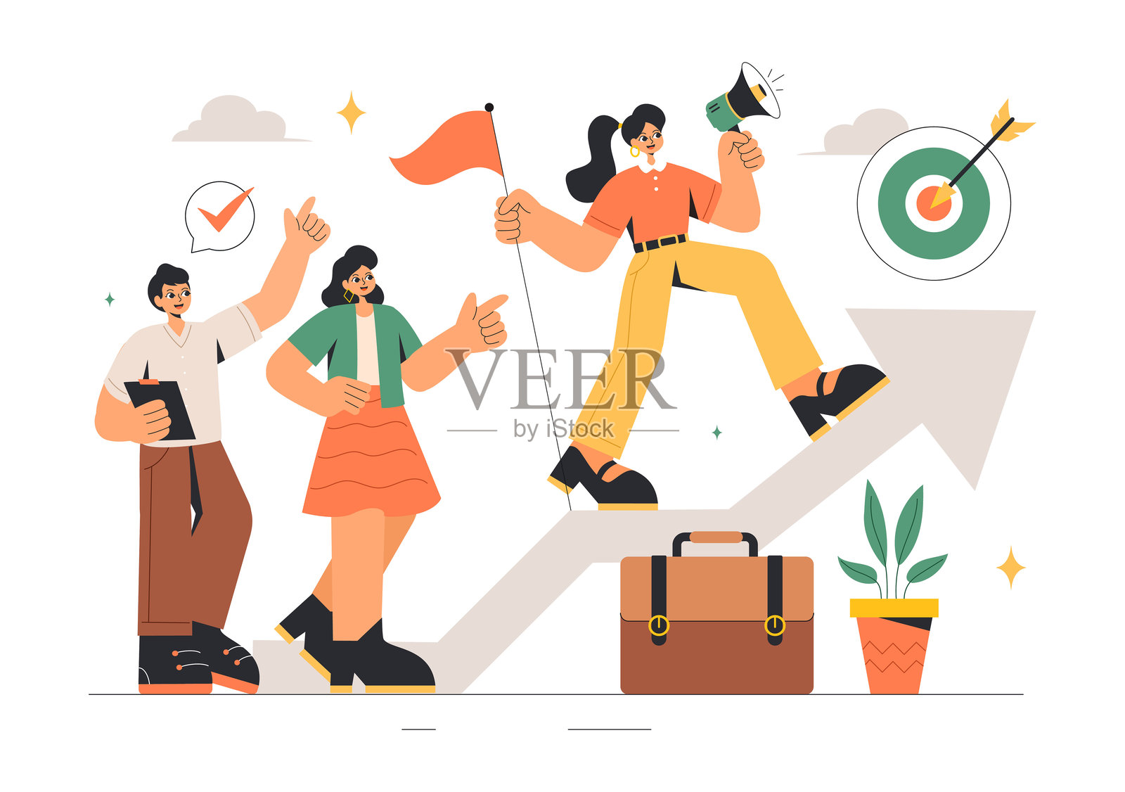 女性商业领袖的矢量插图，展示了一位女性领导者在会议中专注于职业发展、胜利和目标达成。插画图片素材