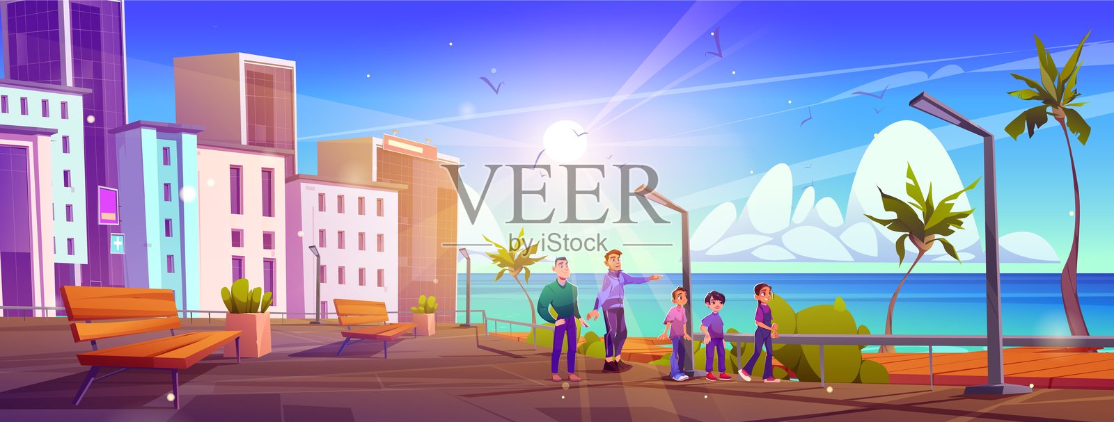 男人和青少年在海滨街道上散步插画图片素材