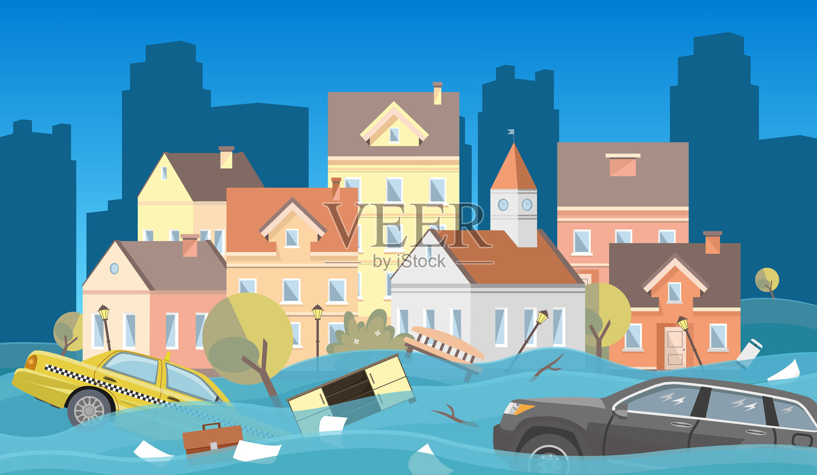 城市洪水。水流冲走了汽车、家具和其他物品。自然灾害。插画图片素材