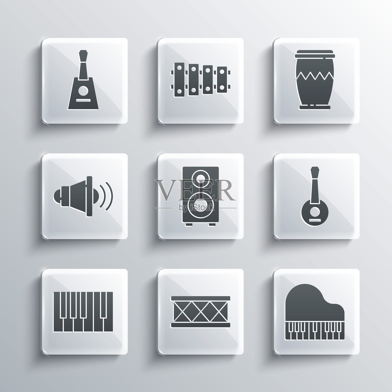 鼓、钢琴、班卓琴、立体声扬声器、扬声器音量、巴拉莱卡和图标。矢量图。插画图片素材