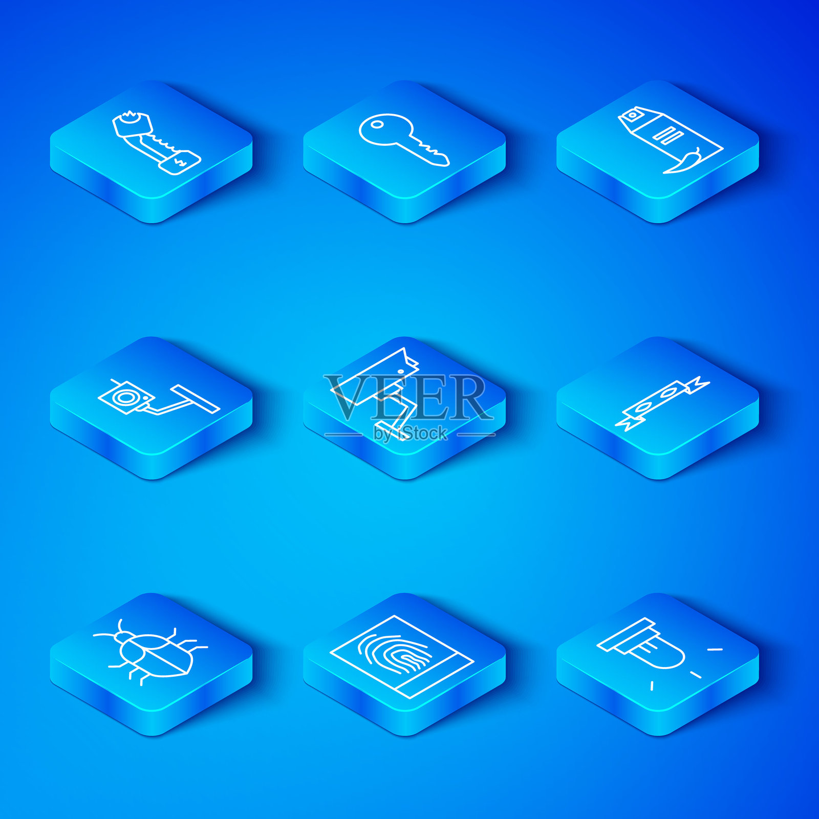 系统漏洞概念，监控摄像头，指纹，小偷眼罩，胡椒喷雾，警用电击器和运动传感器图标。矢量图。插画图片素材