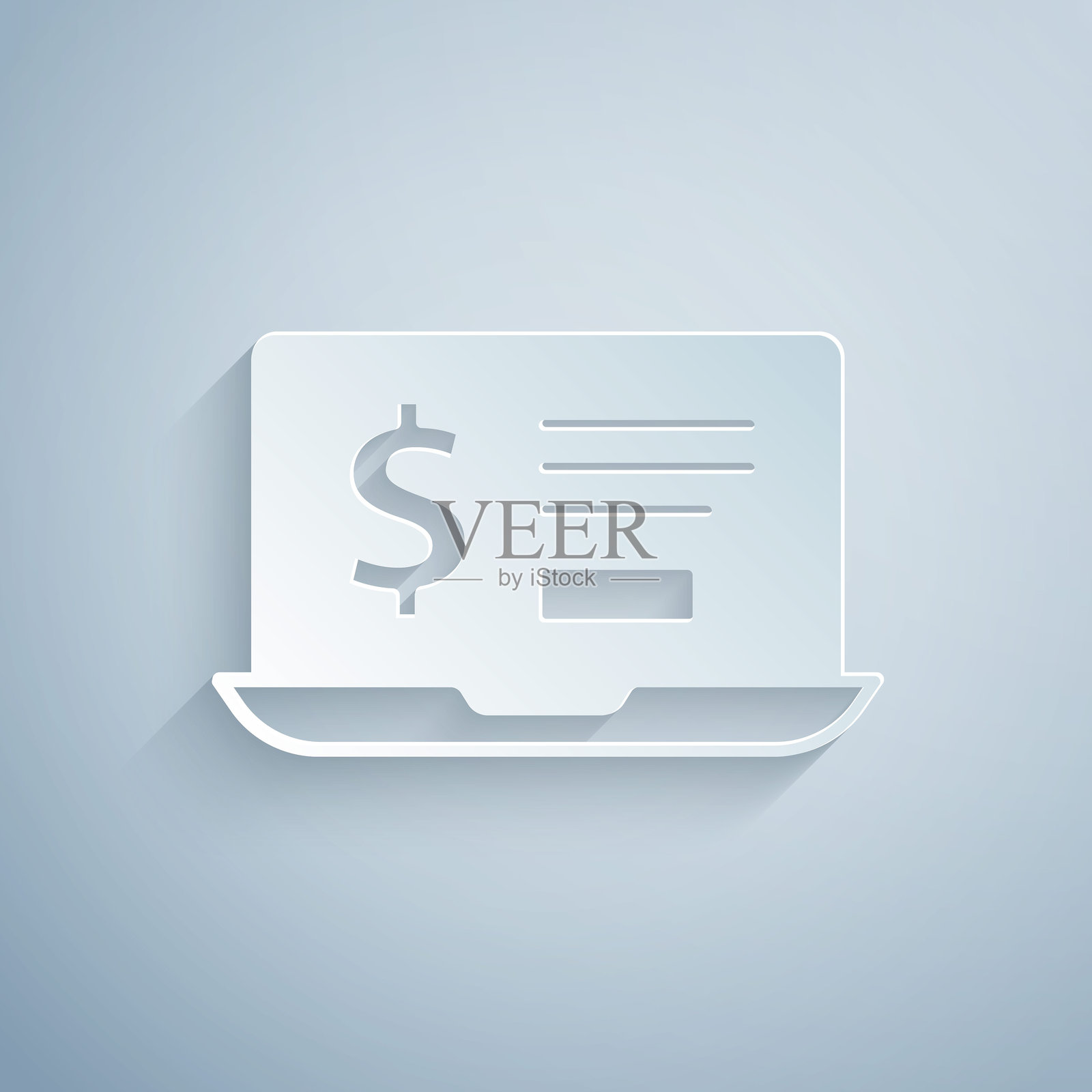 纸艺风格的笔记本电脑与美元图标，背景为灰色。全球汇款、资金转移、在线银行、金融交易。插画图片素材