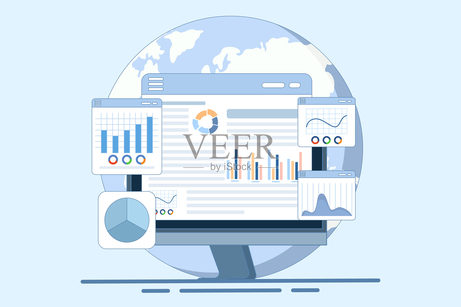 市场扩展的研究概念。财务报告、投资数据、销售信息、商业分析、计算，商人用放大镜分析图表和图形。插图。插画图片素材